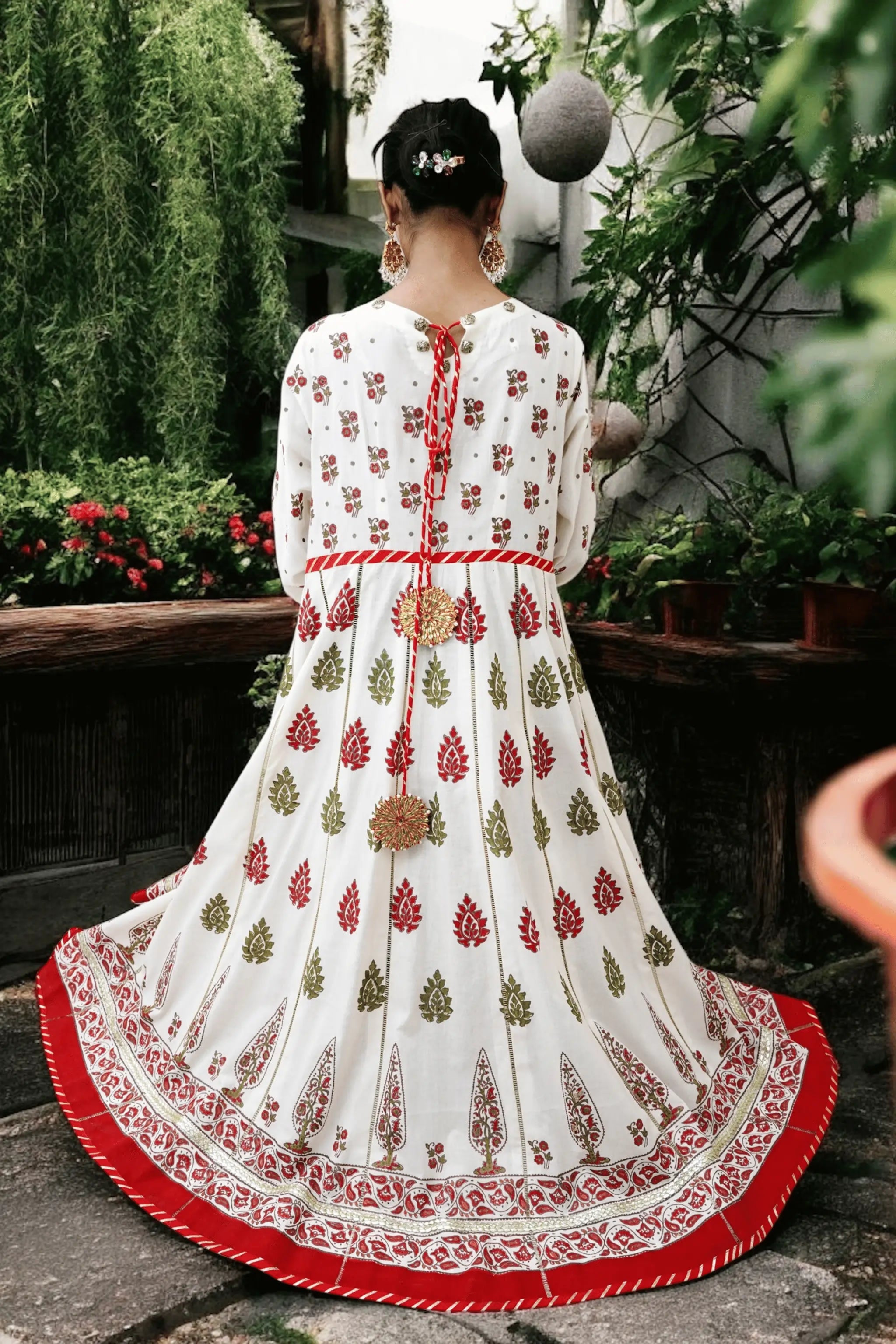 Gulzaar – back view of flared frock with gutta lace organza dupatta