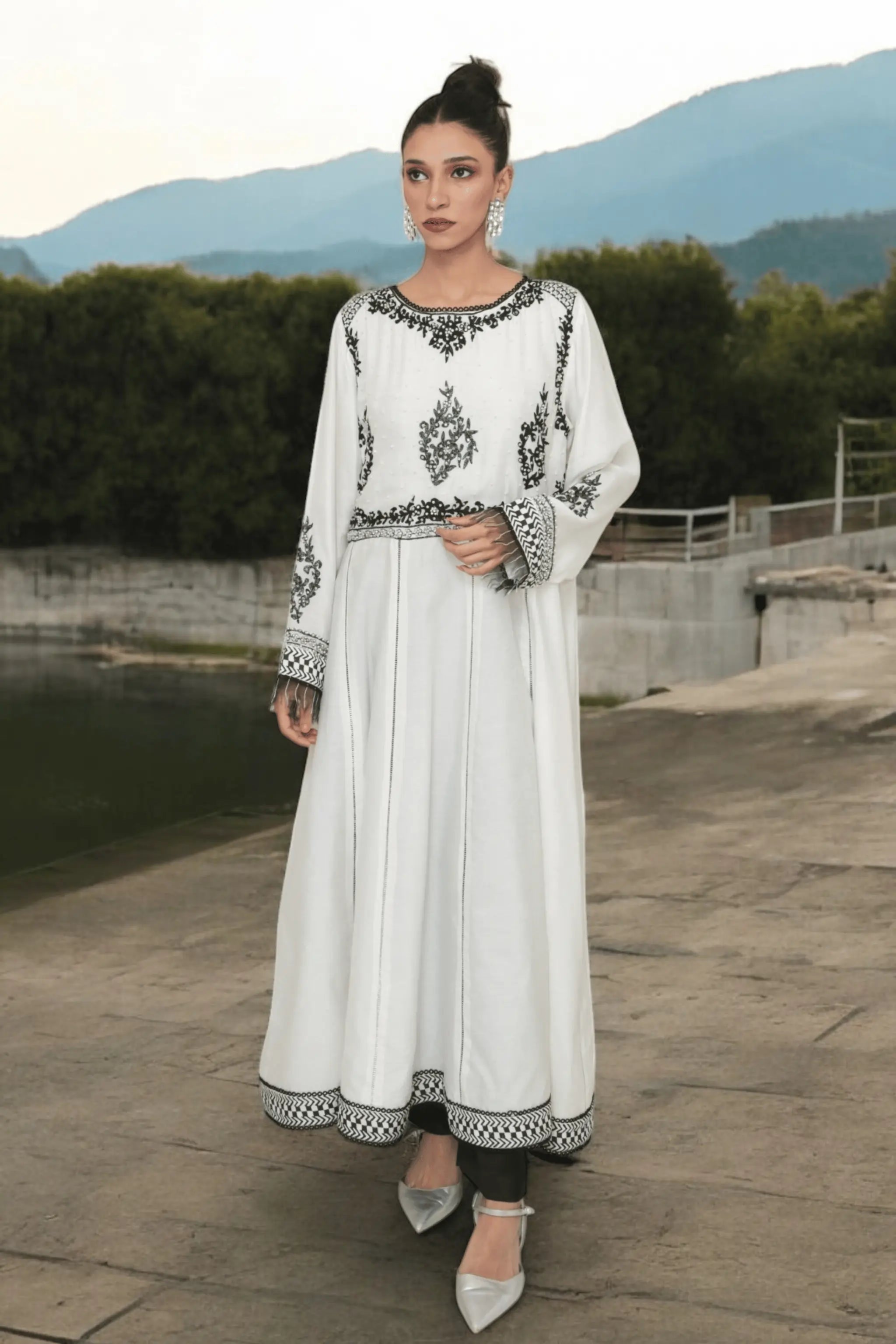 2-piece embroidered cotton net dress for semi-formal wear