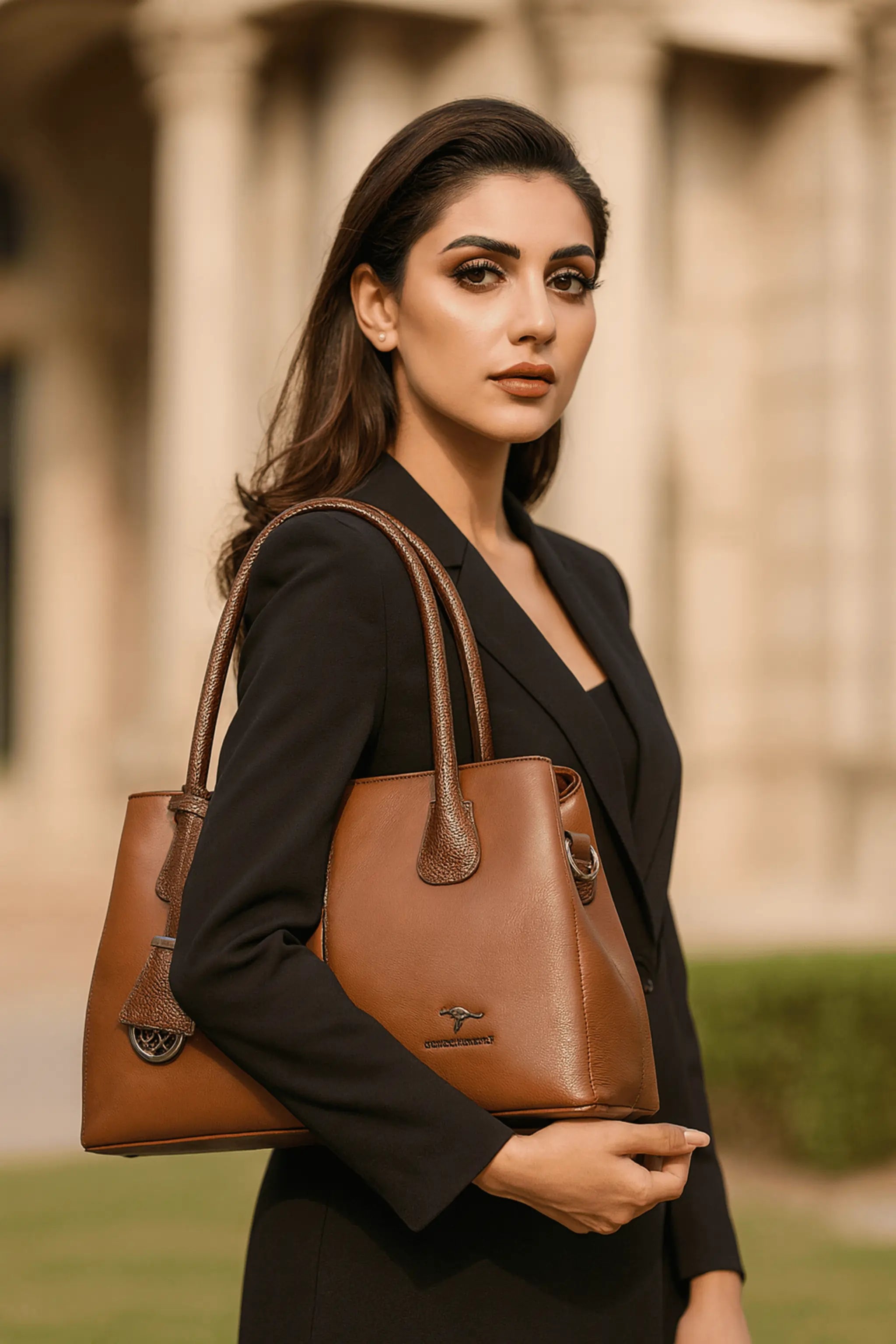 AOI LIBAS brown leather tote handbag – angled side view with detachable strap