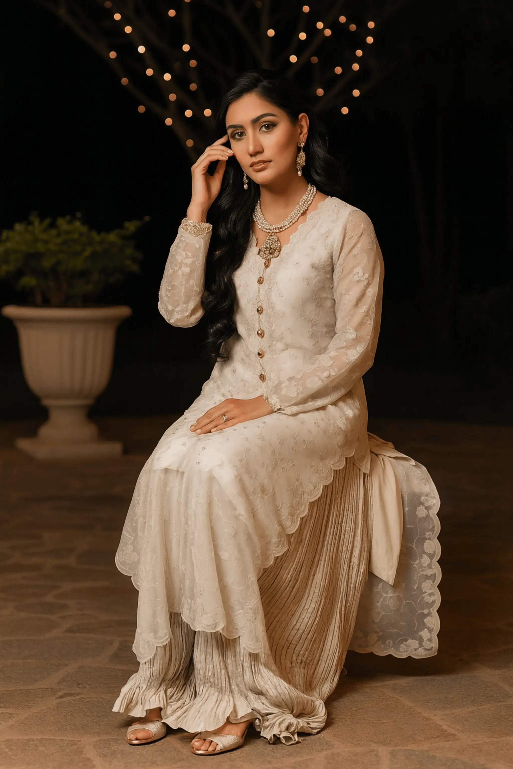 Pampas ivory party wear 4 piece dress with organza shirt and slip