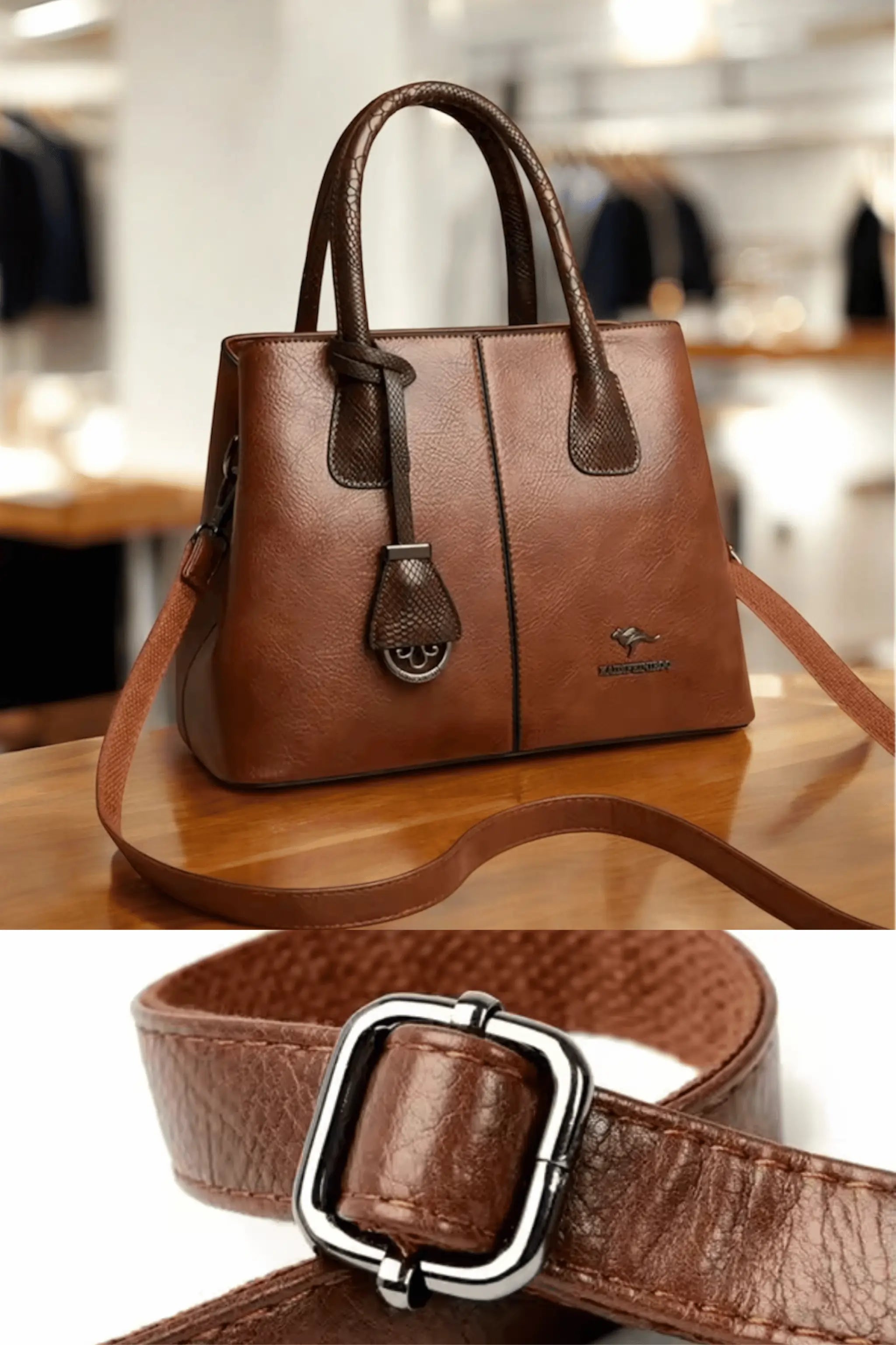 AOI LIBAS brown leather tote handbag – front view with textured handles