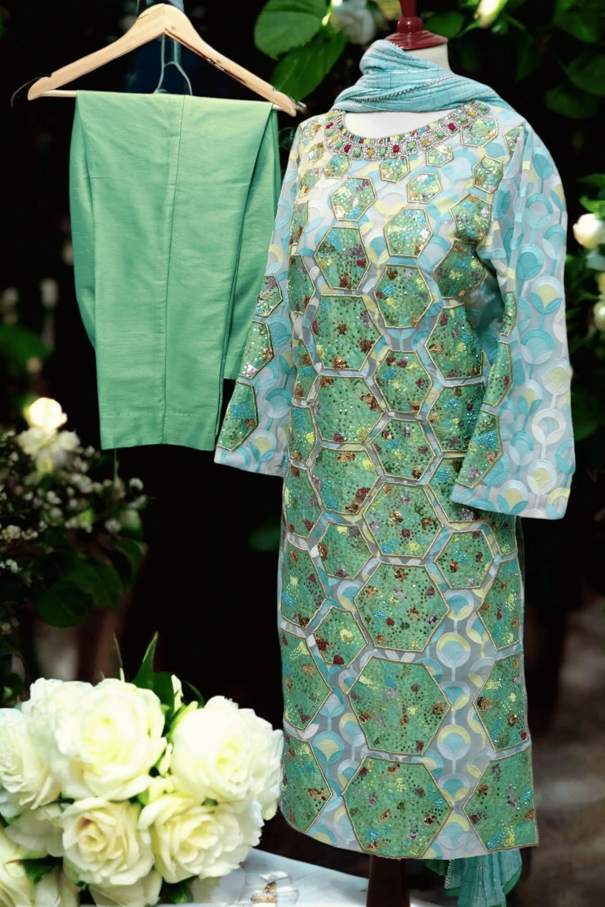 "AOI Libas Amulet party wear embroidered net dress with sequins and patchwork"