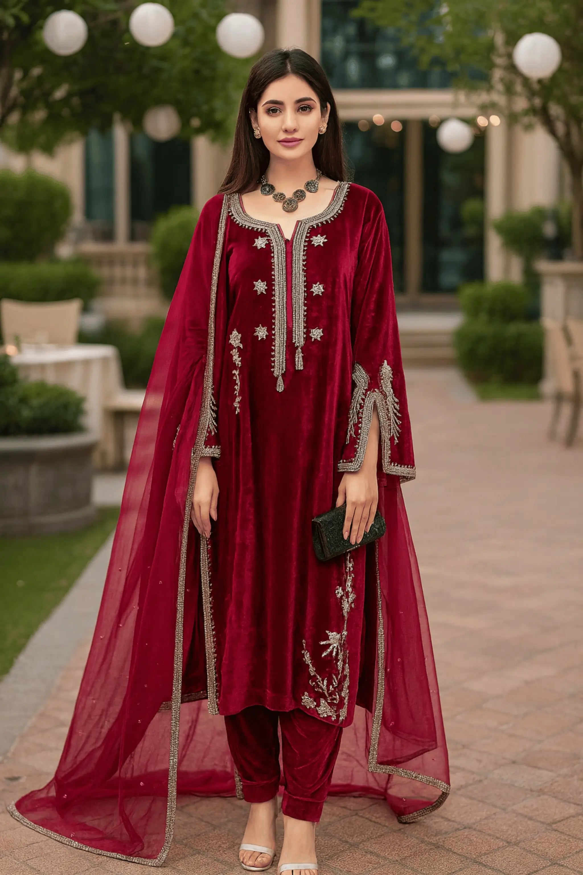 Amira 3-piece premium velvet suit with raw silk trousers and organza dupatta
