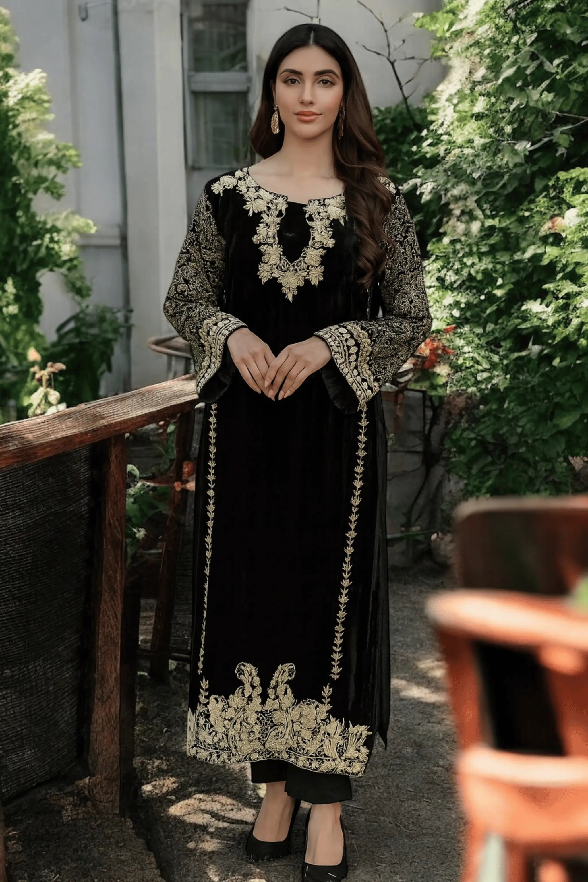 Black_velvet_long_shirt_with_gold_block_printing_front_view