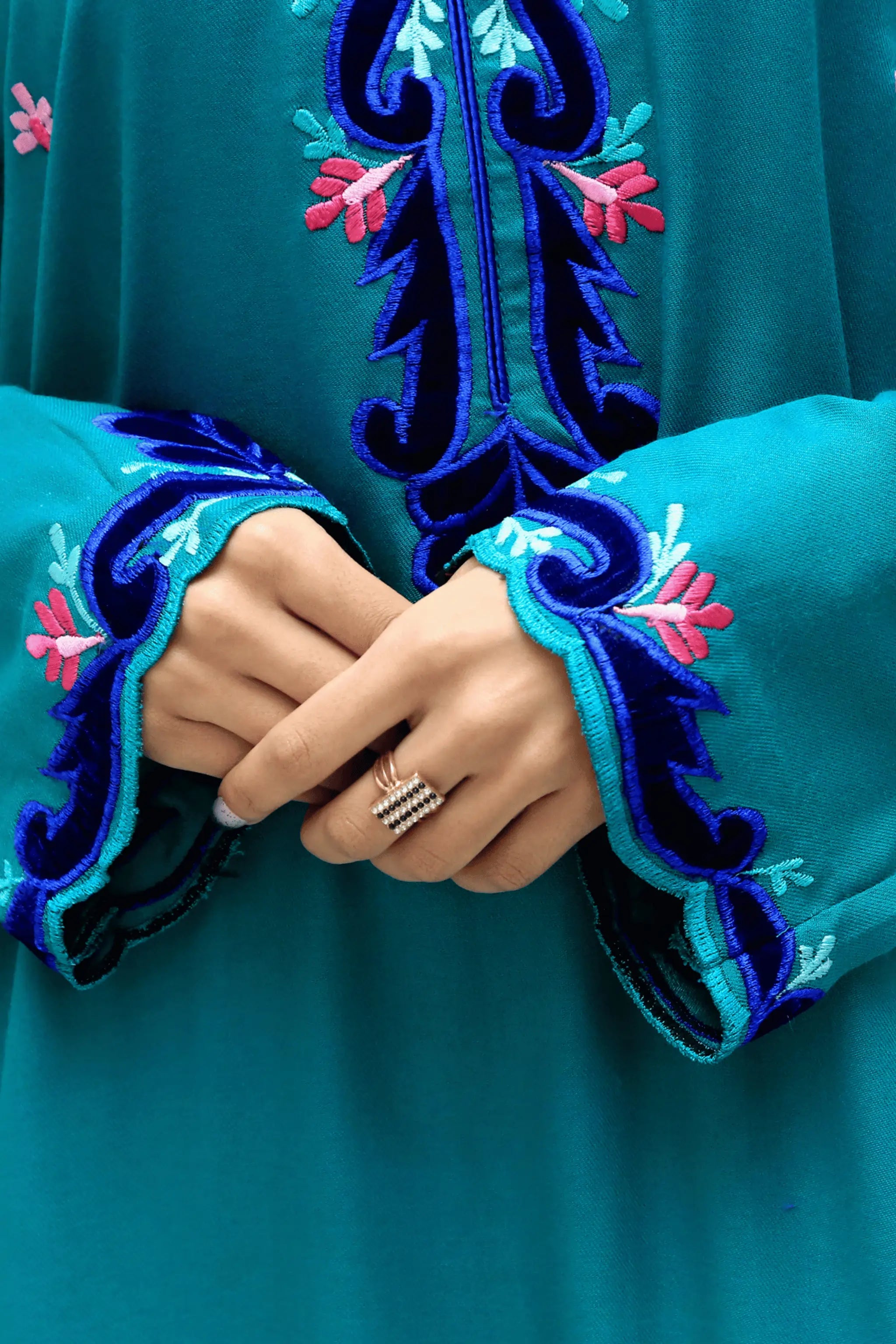 Border embroidery with machine work and velvet applique – Blue Sky suit