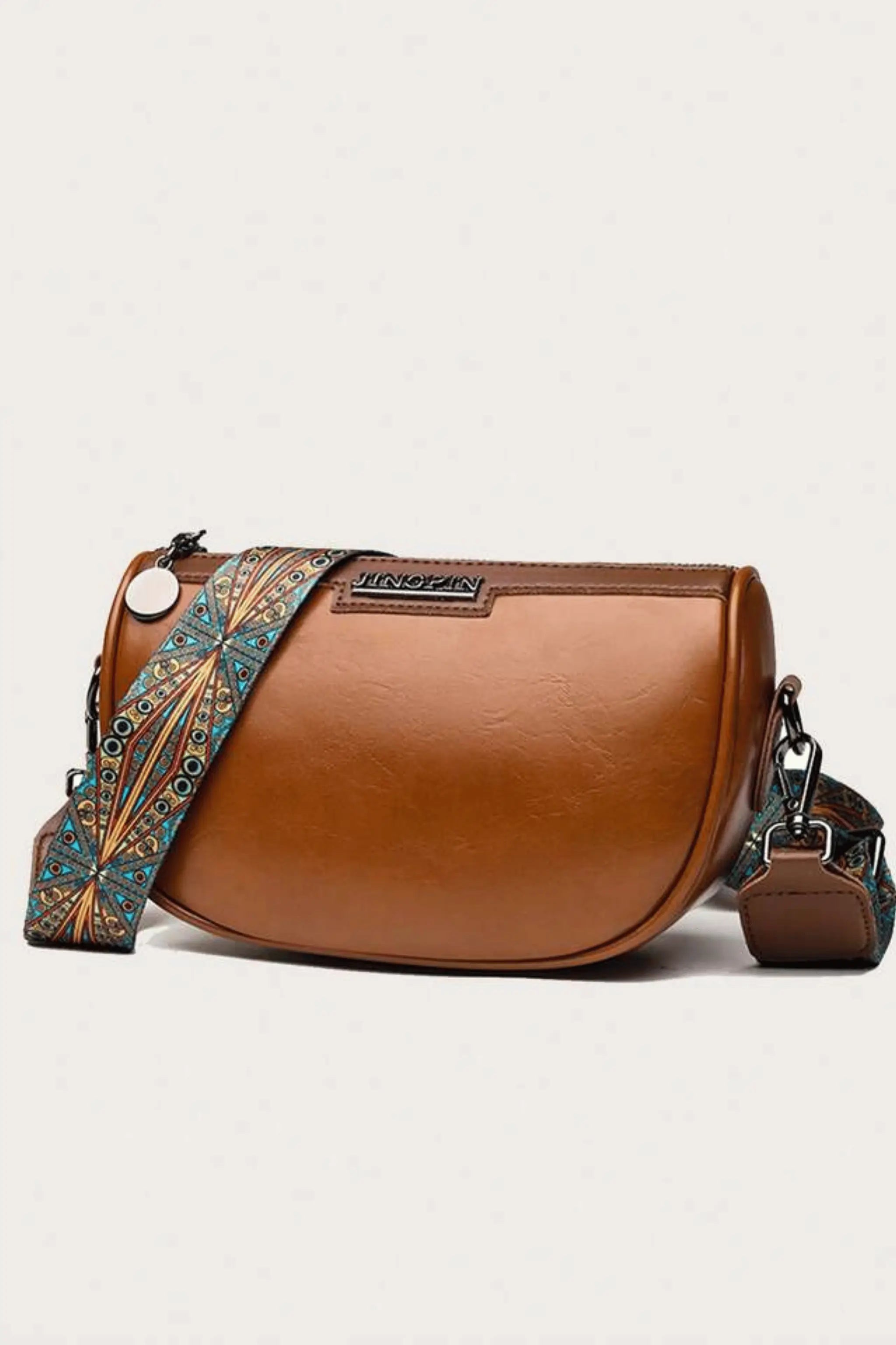 Brown crescent shoulder bag, PU leather crossbody with patterned strap, women’s casual handbag