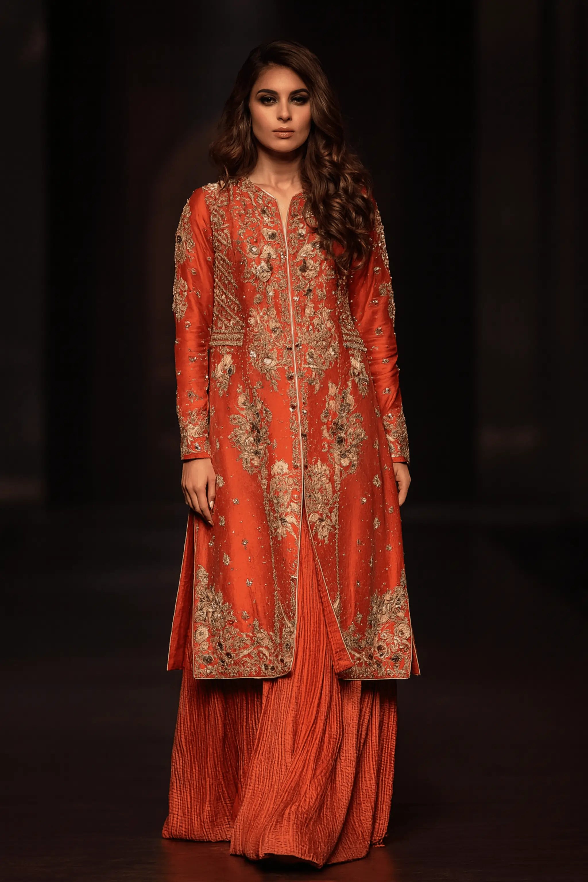 Cinnamon raw silk shirt with heavy embroidery and floral motifs