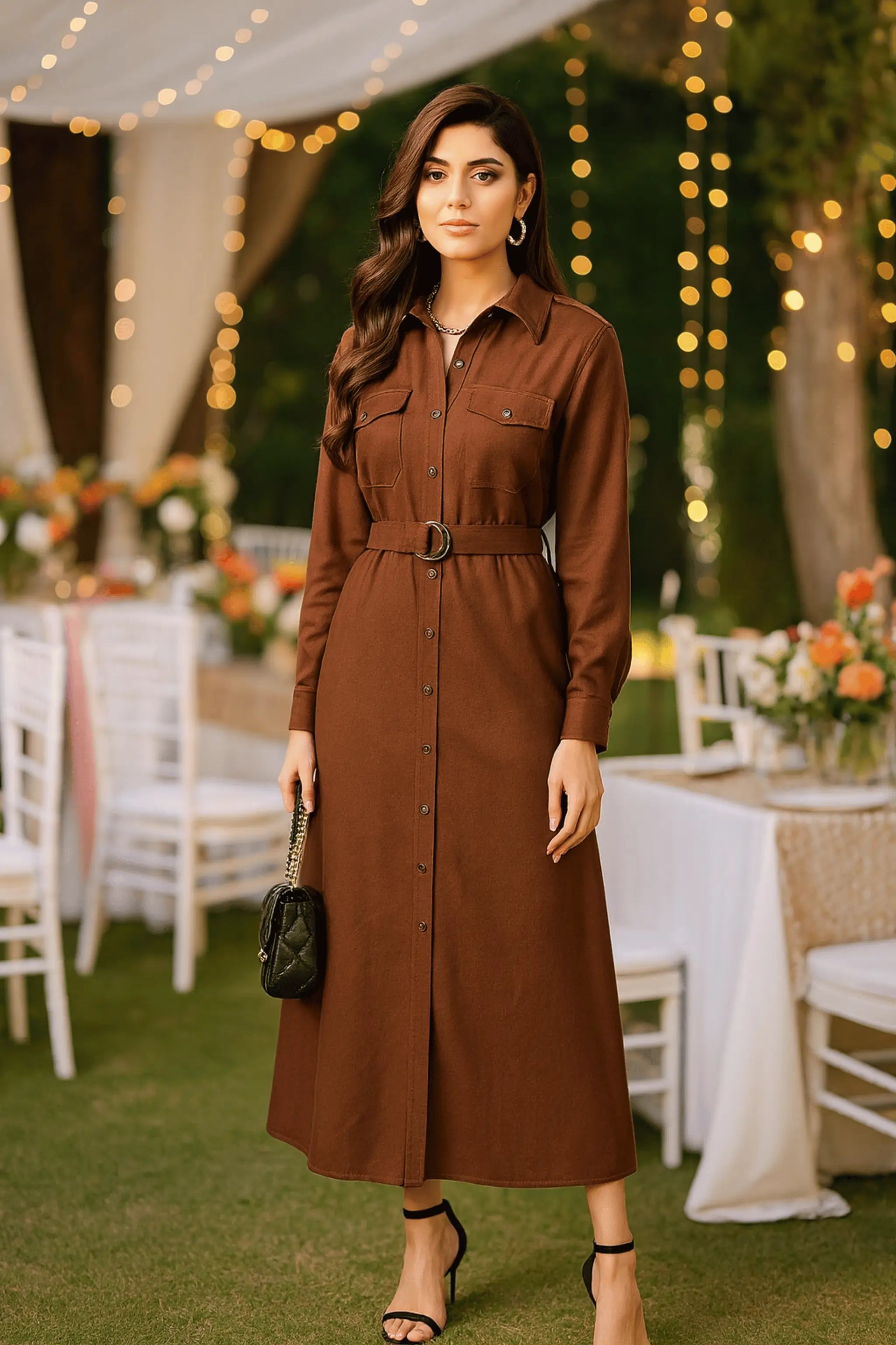 Close-up of button placket and chest pockets on shirtdress