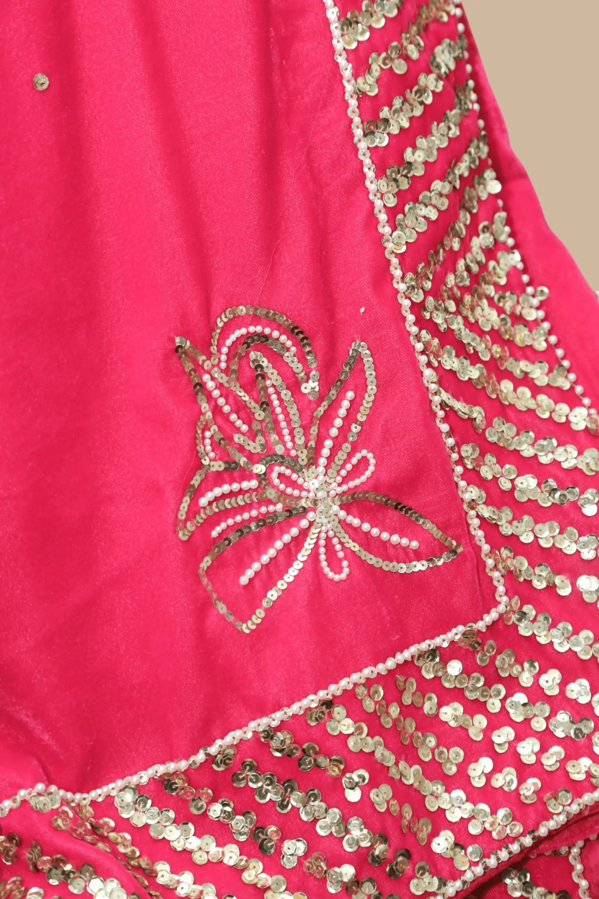 Close-up of detailed sequin and pearl embroidery on velvet dopatta