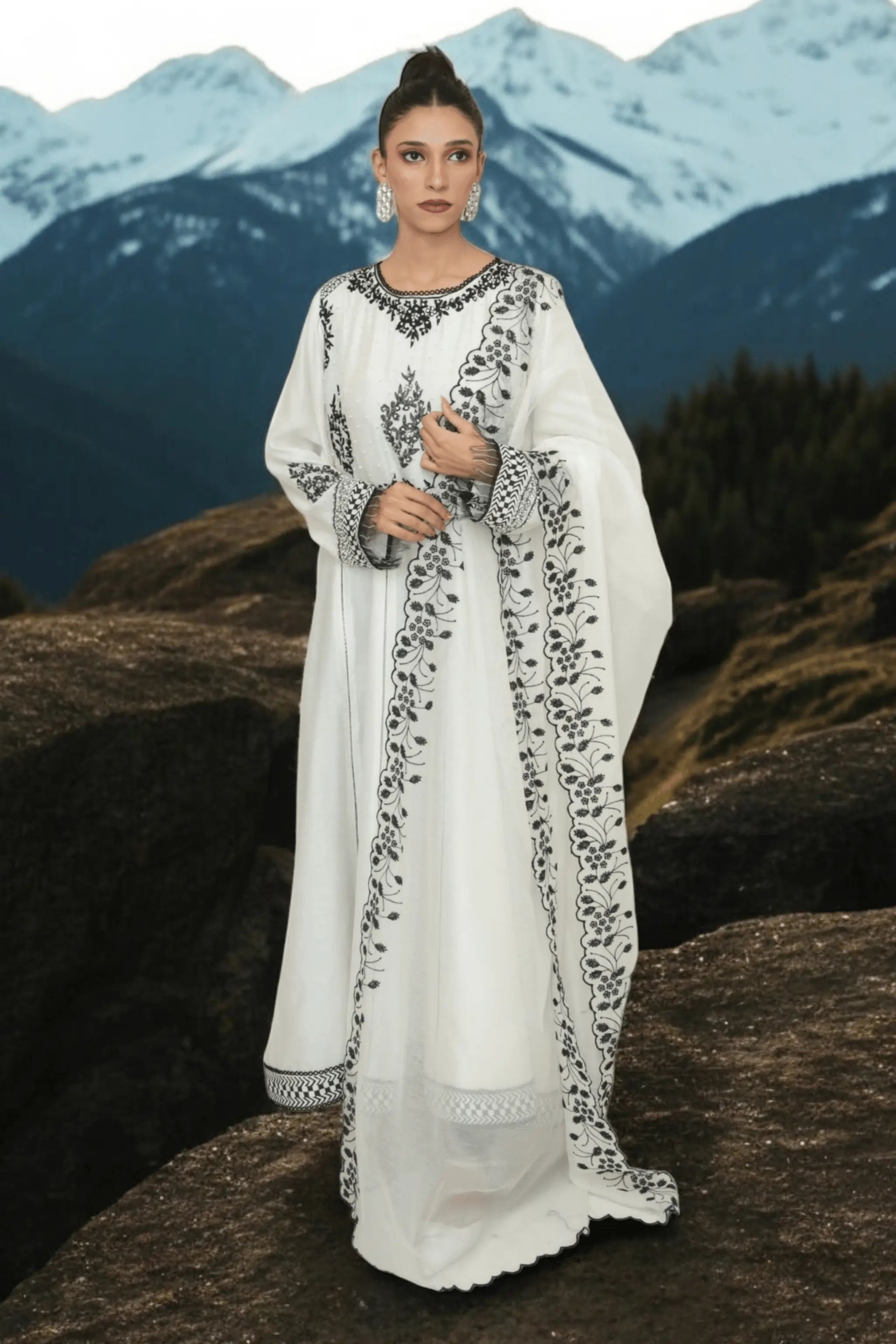 Elegant A-line frock with cotton net dupatta