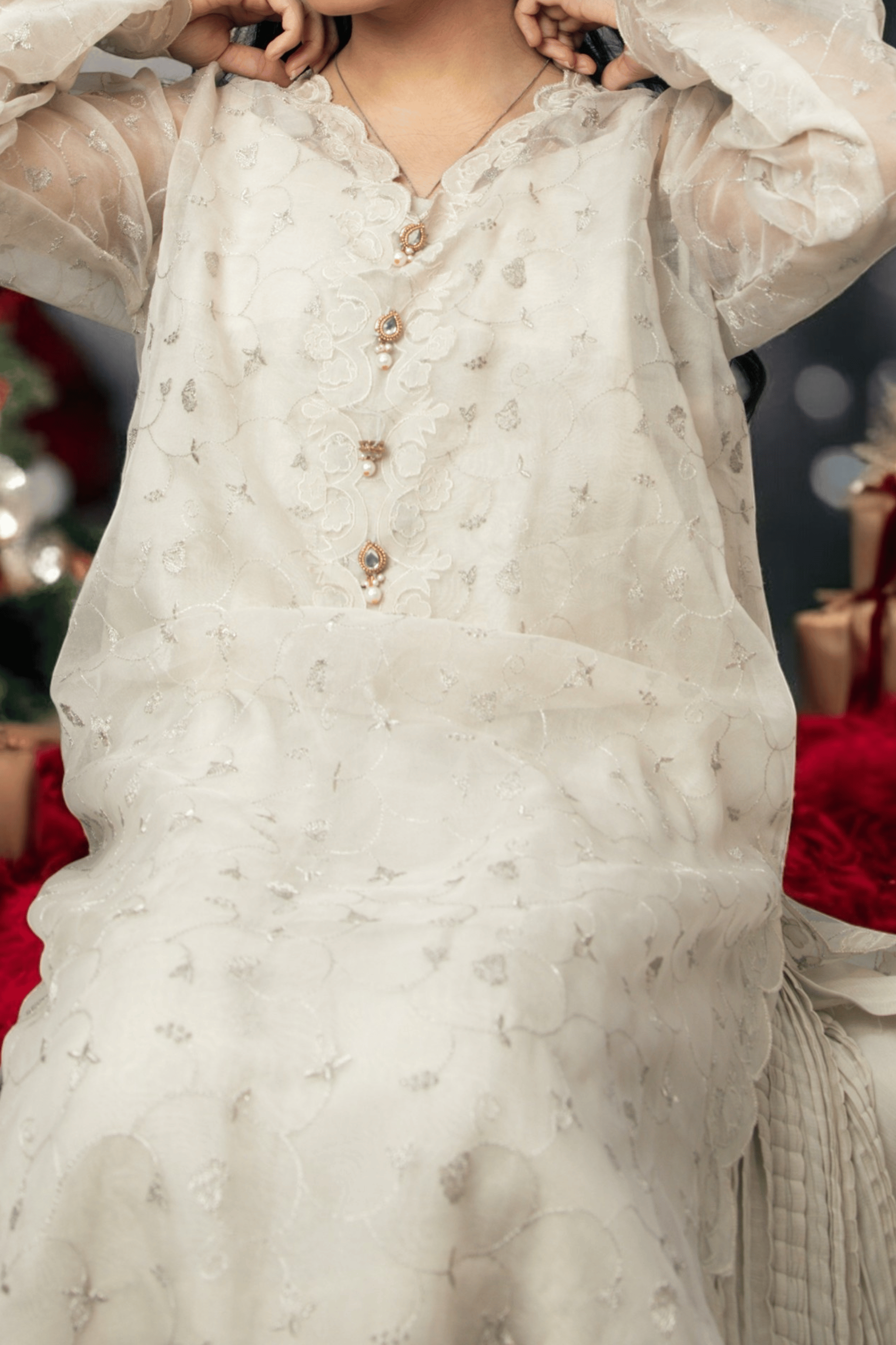 Elegant applique work organza shirt with silver lace dupatta