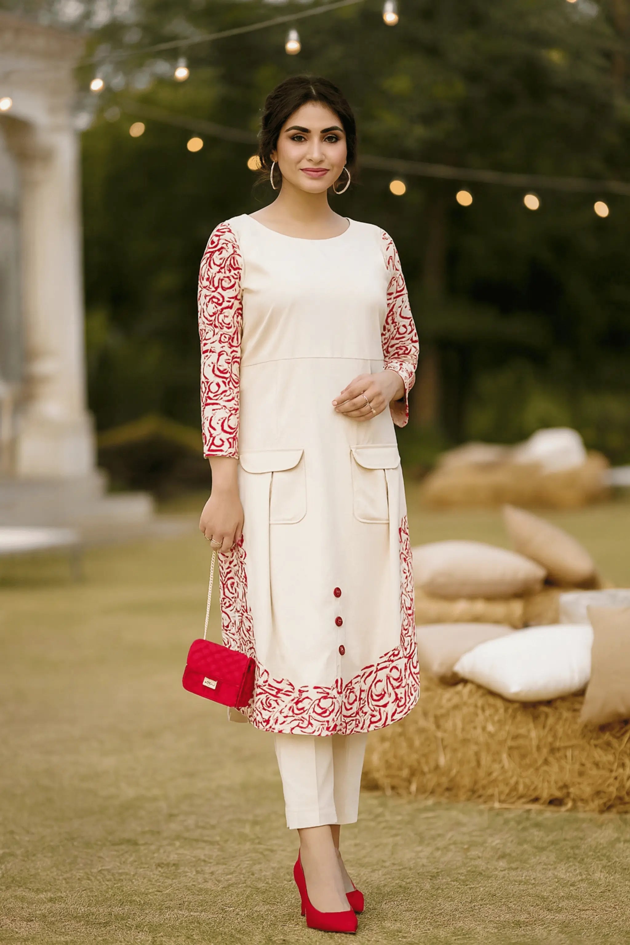 Front view of Crimson Script Corduroy Velvet 2 Piece Set