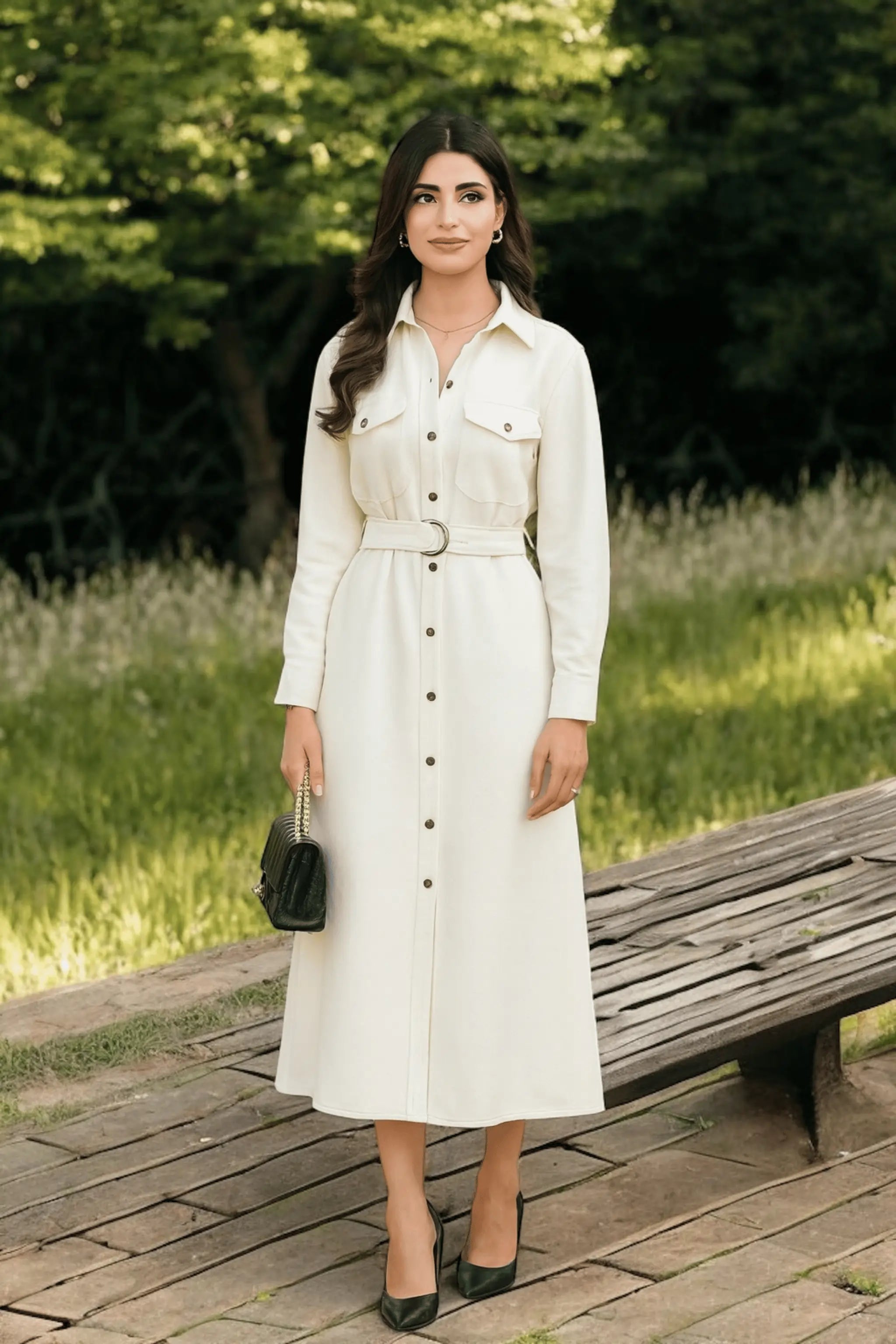 Front view of Ivory Corduroy Velvet Belted Shirtdress with belt