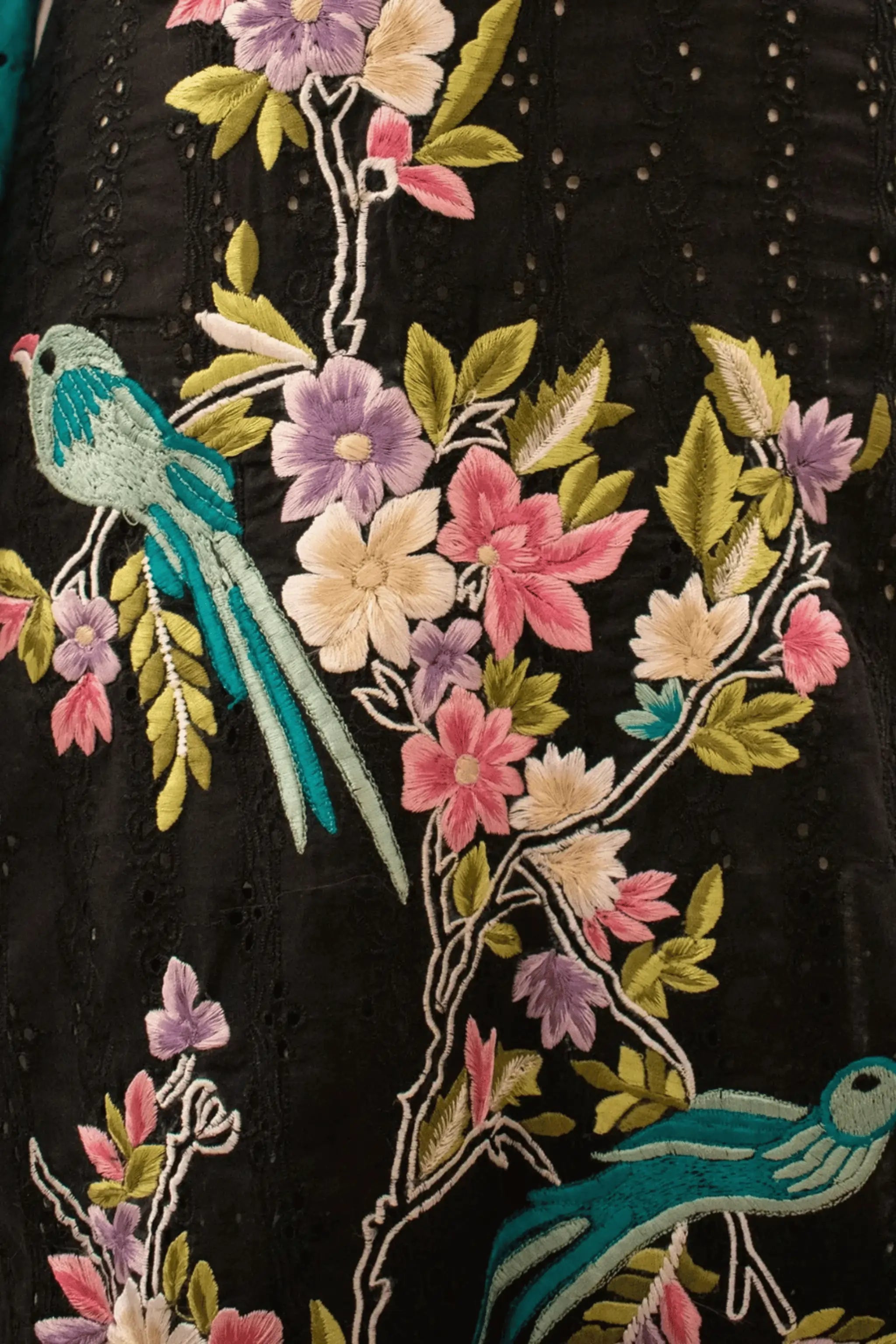 Hand embroidery with mirrors and tarkashi on Chickenkari fabric