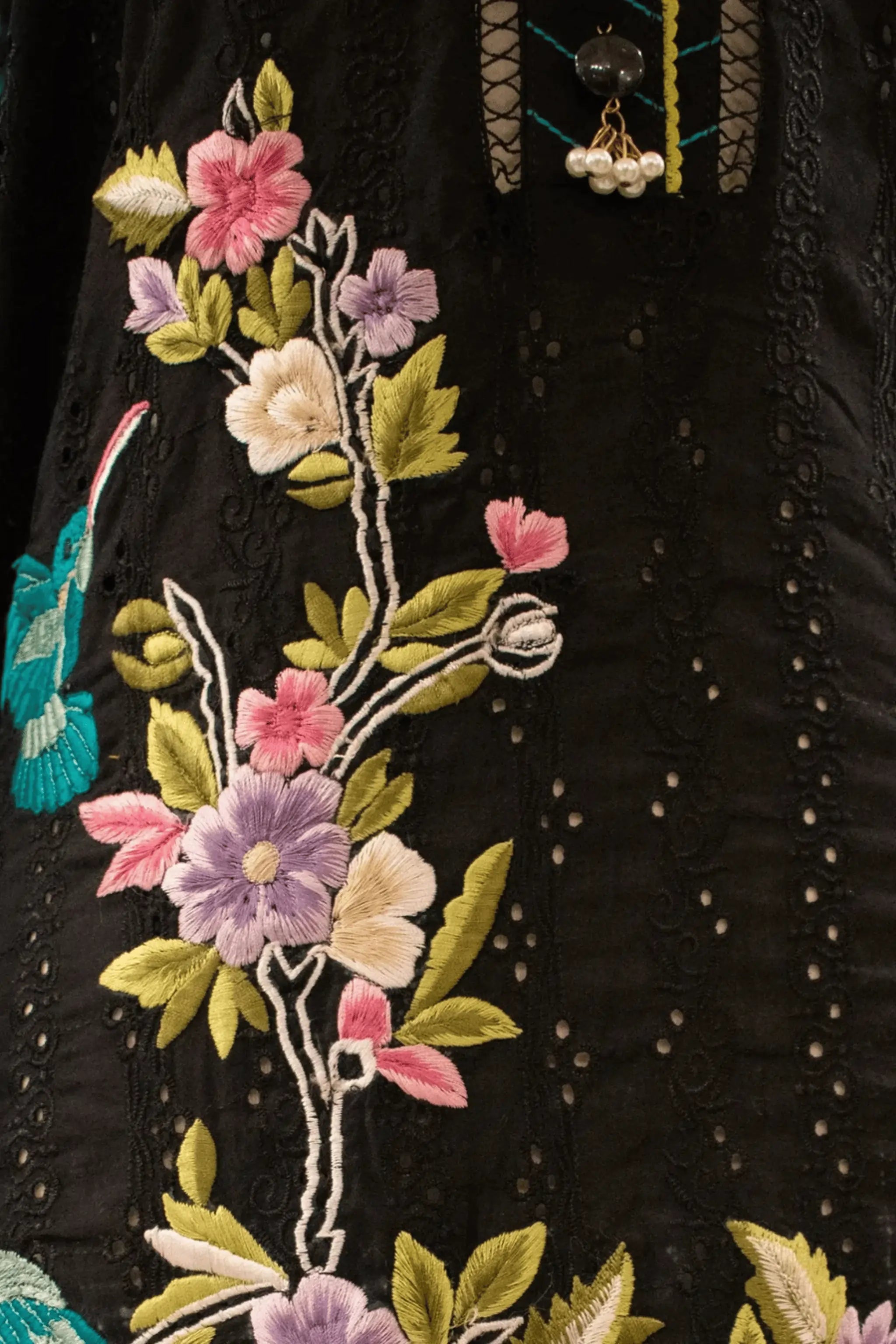 Hand embroidery with mirrors and tarkashi on Chickenkari fabric