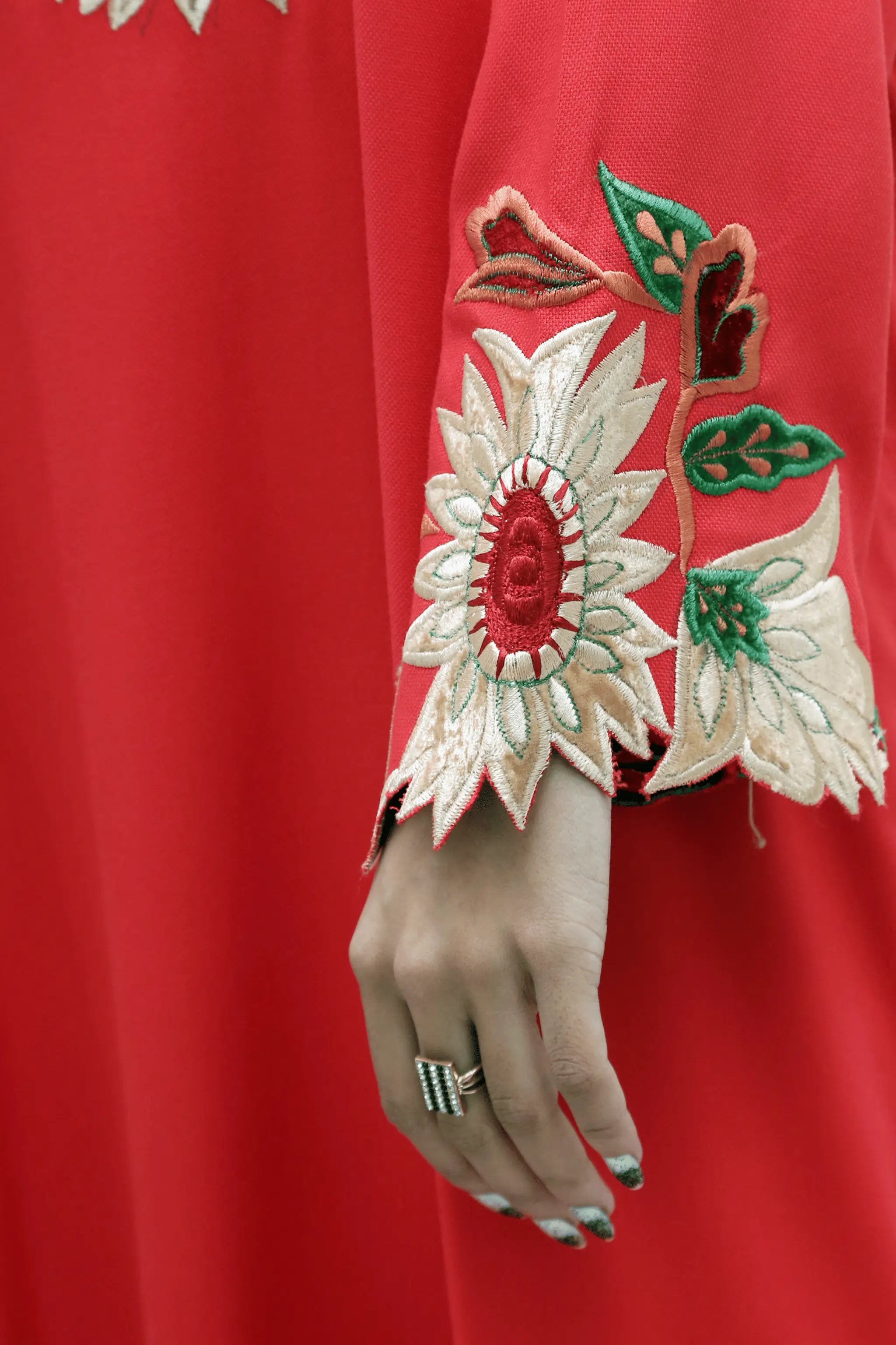 Matching straight trousers paired with Scarlet Bloom dress