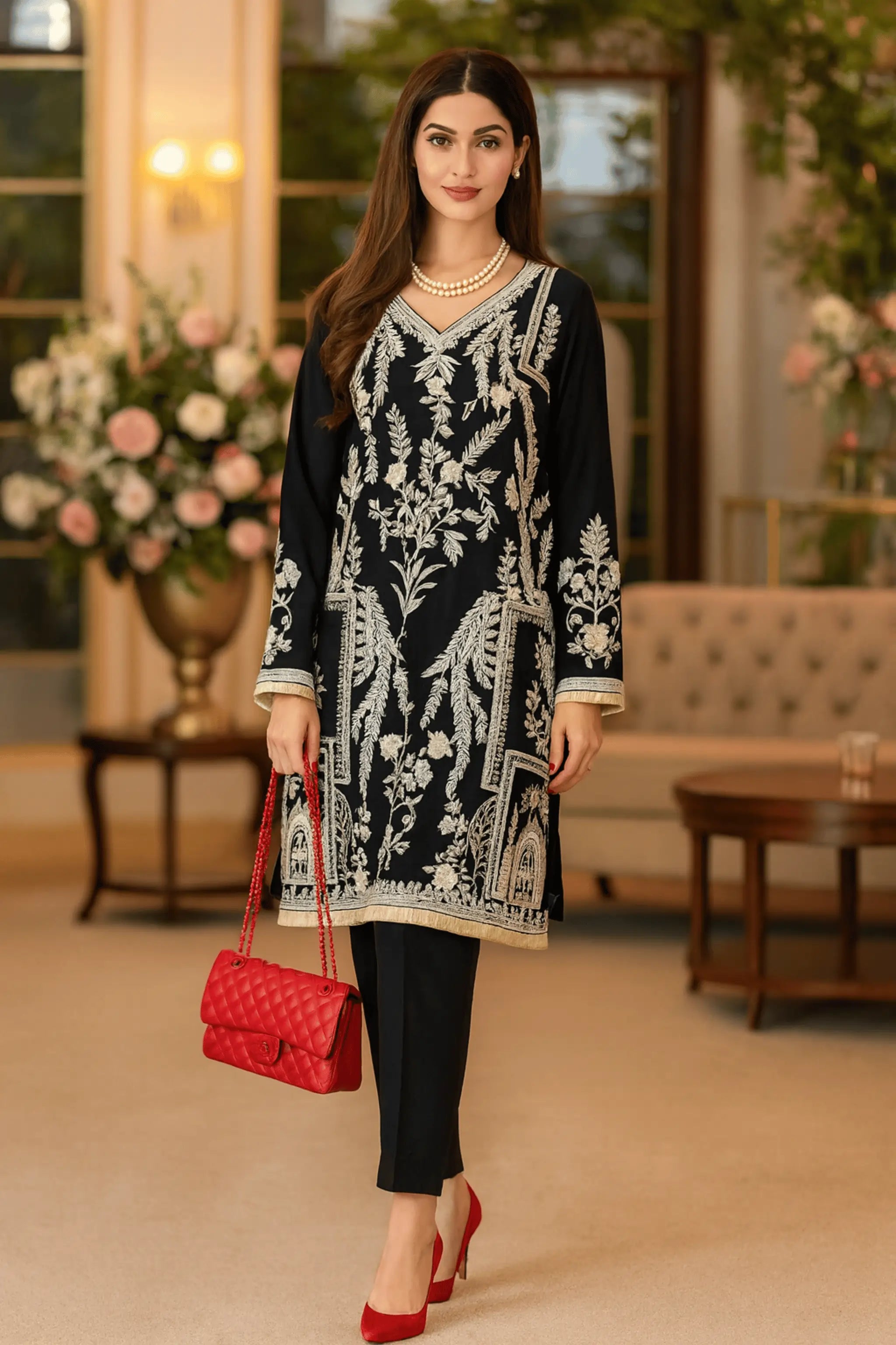 Model wearing Midnight Grace black velvet embroidered 3-piece suit.