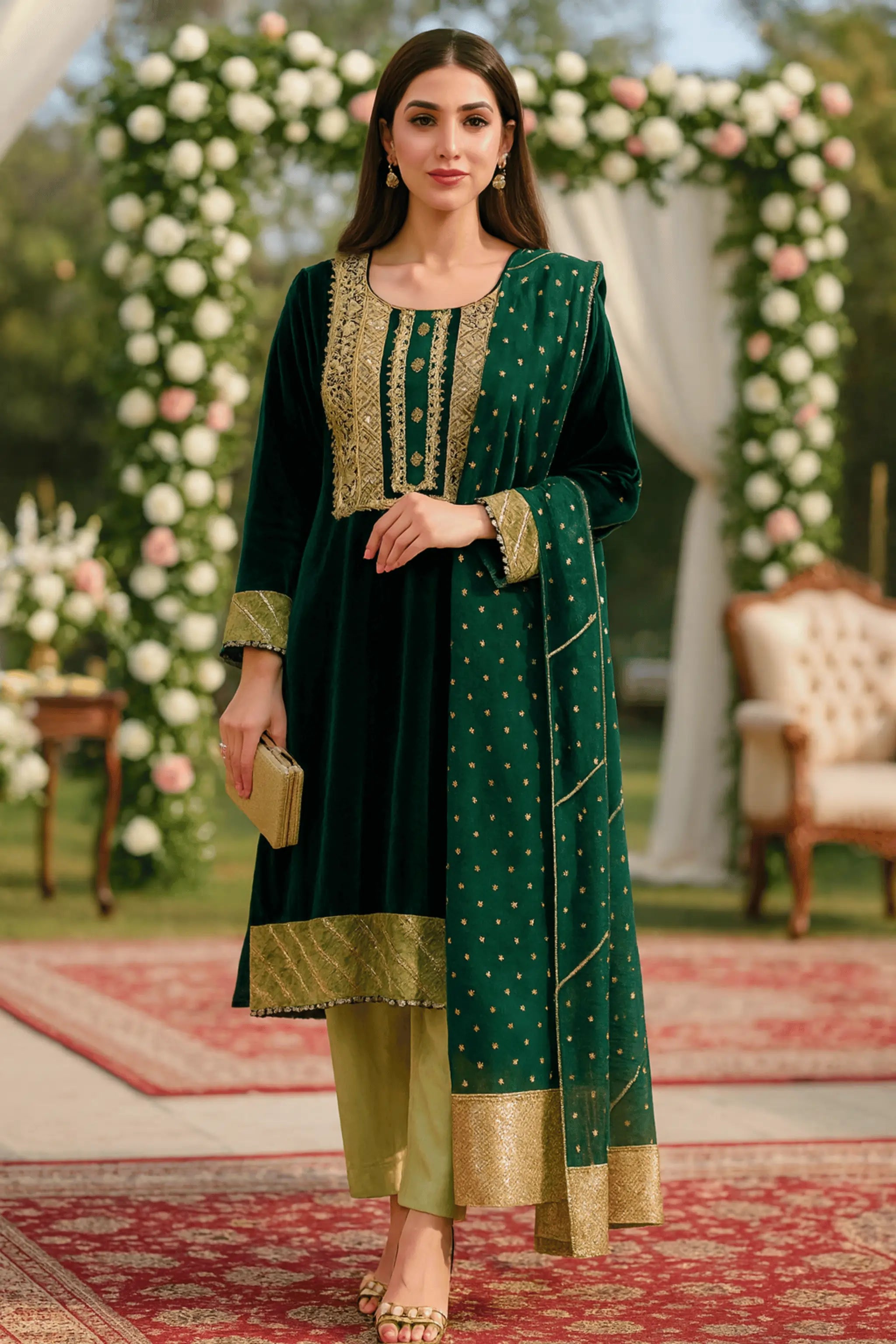 "Noor emerald green velvet shirt with raw silk trousers and organza dupatta – AOI LIBAS wedding collection"