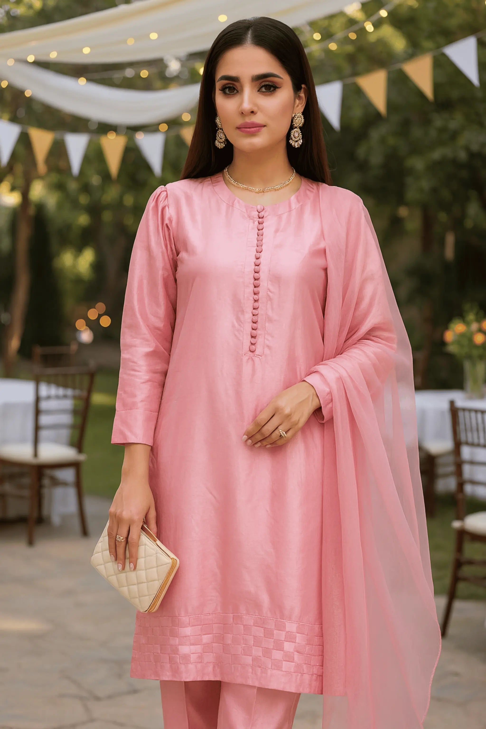 Pink Tussle Silk 3 Piece Straight Shirt, Trouser & Dopatta