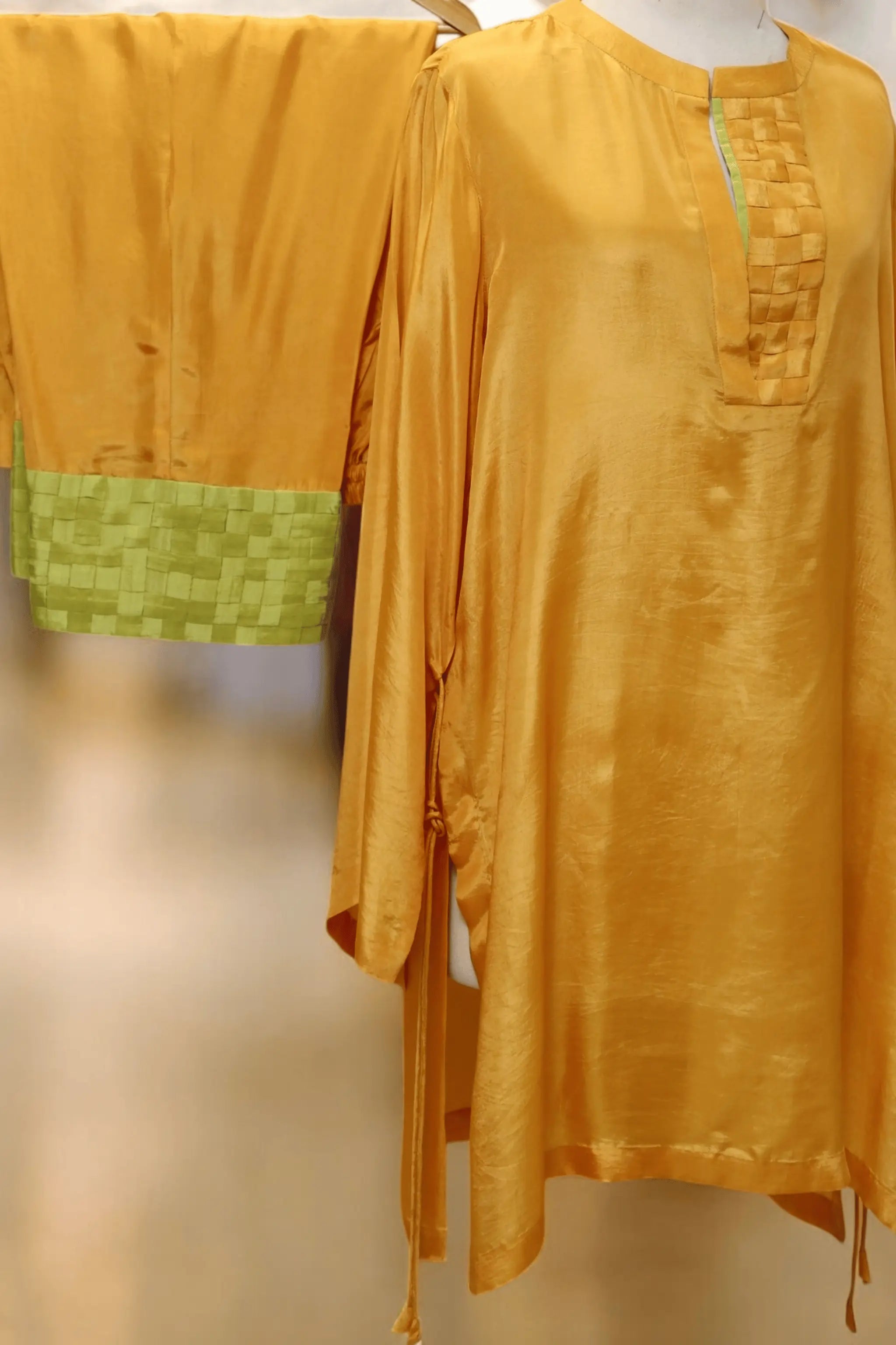 Texas Rose tussle silk straight shirt in golden mustard with detailed weaving – AOI Party Wear collection