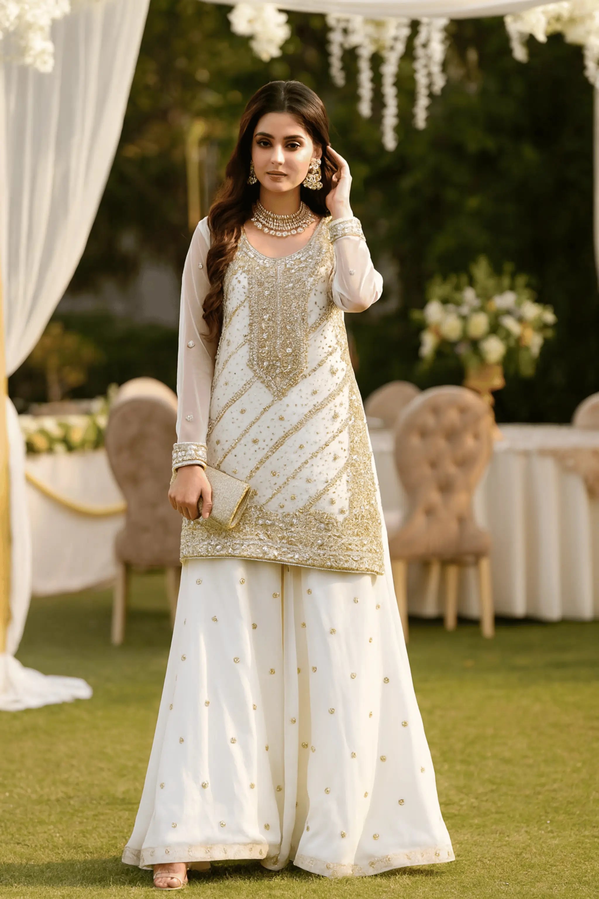 Zarmin_white_organza_shirt_with_golden_embroidery_and_stonework