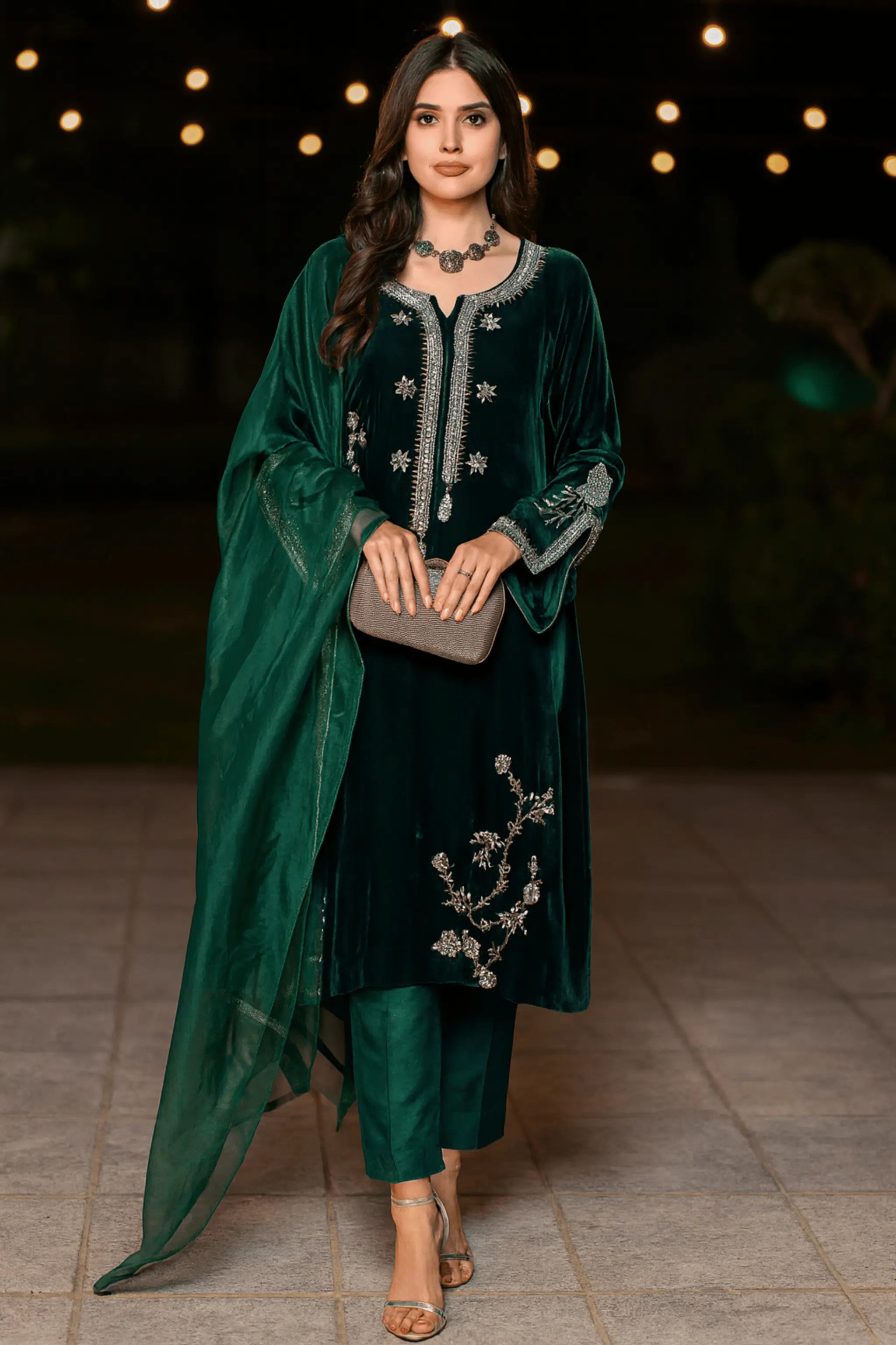 Zoya emerald green velvet embroidered suit front view