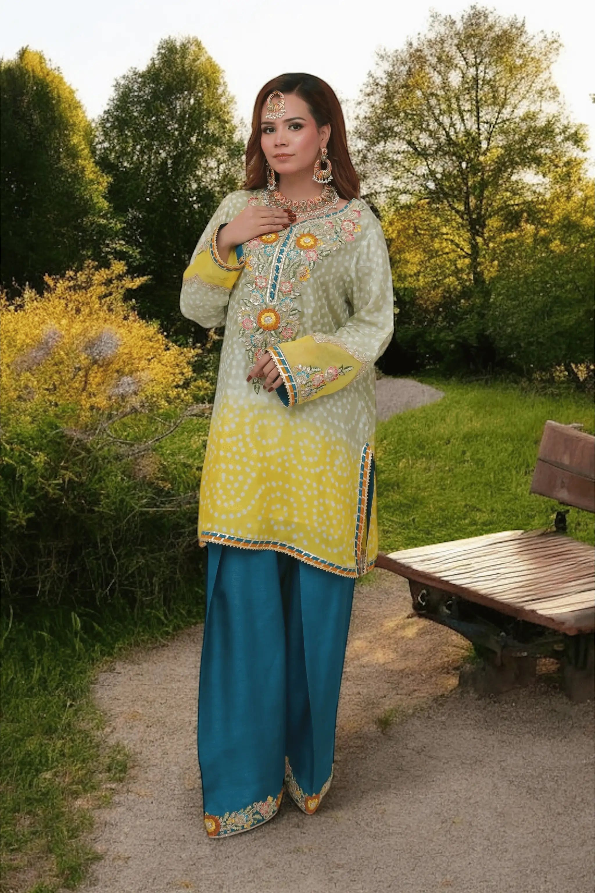 Zyra chunri 3-piece dress with embroidered medium silk shirt.