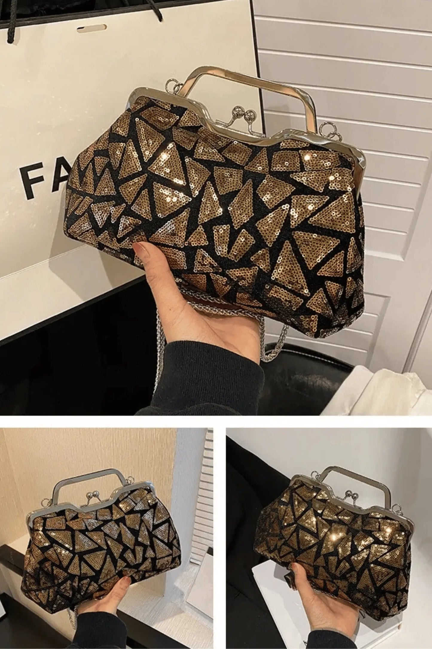 Black & Gold Sequined Evening Bag with Chain Strap – 26 × 9 × 15 cm