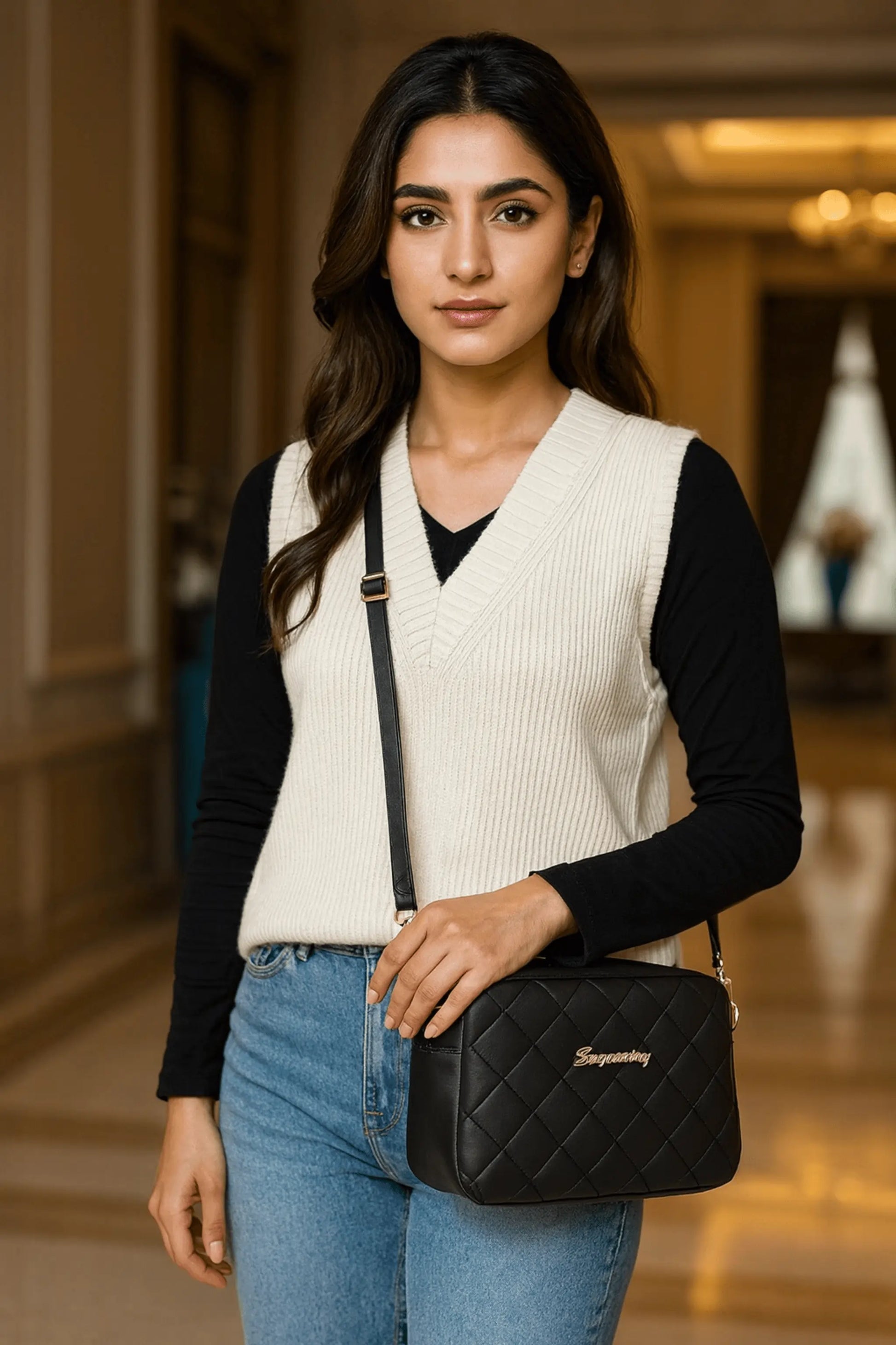 AOI LIBAS black quilted crossbody camera bag – angled side view