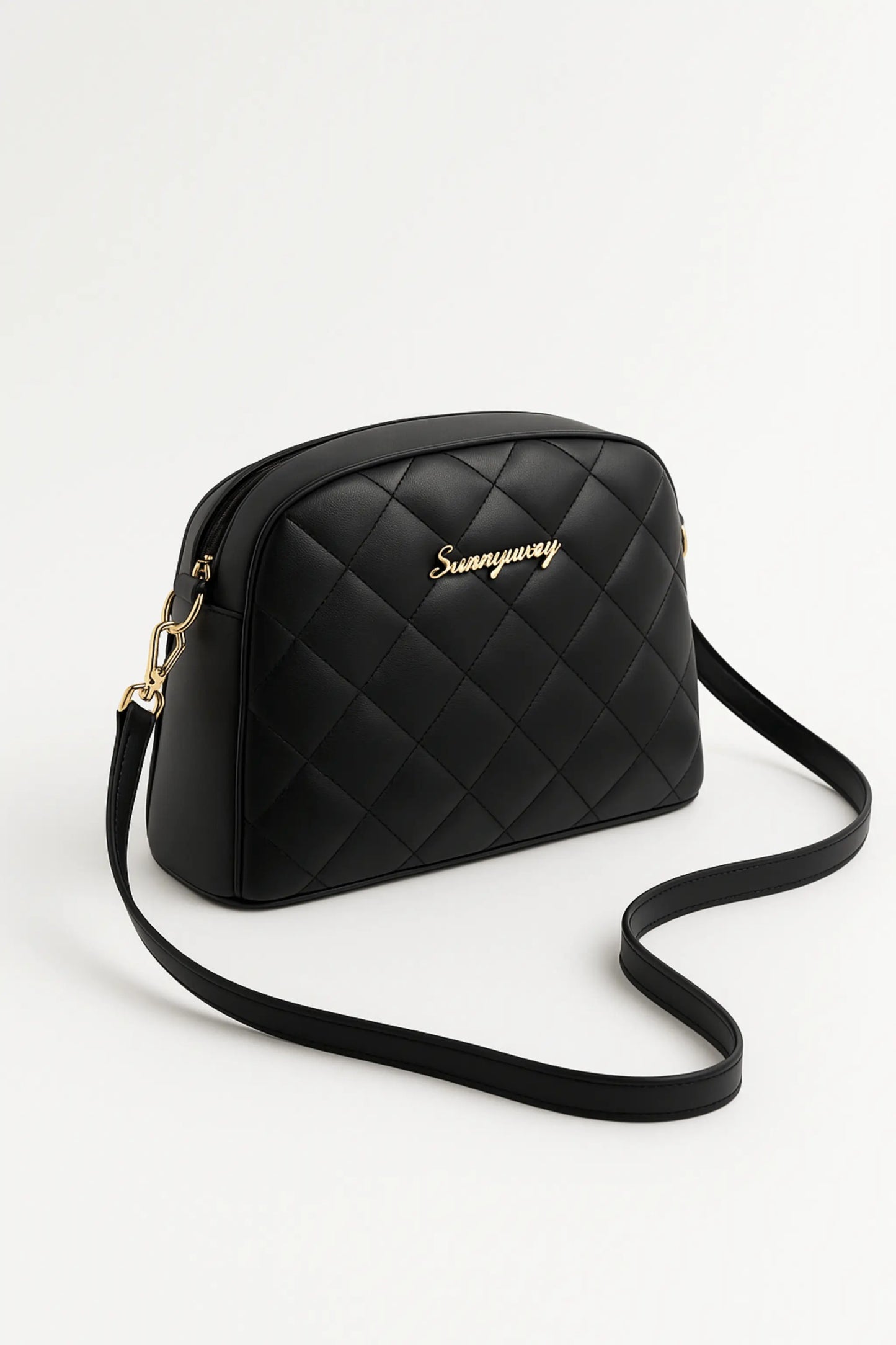 AOI LIBAS black quilted camera bag – front view with gold logo