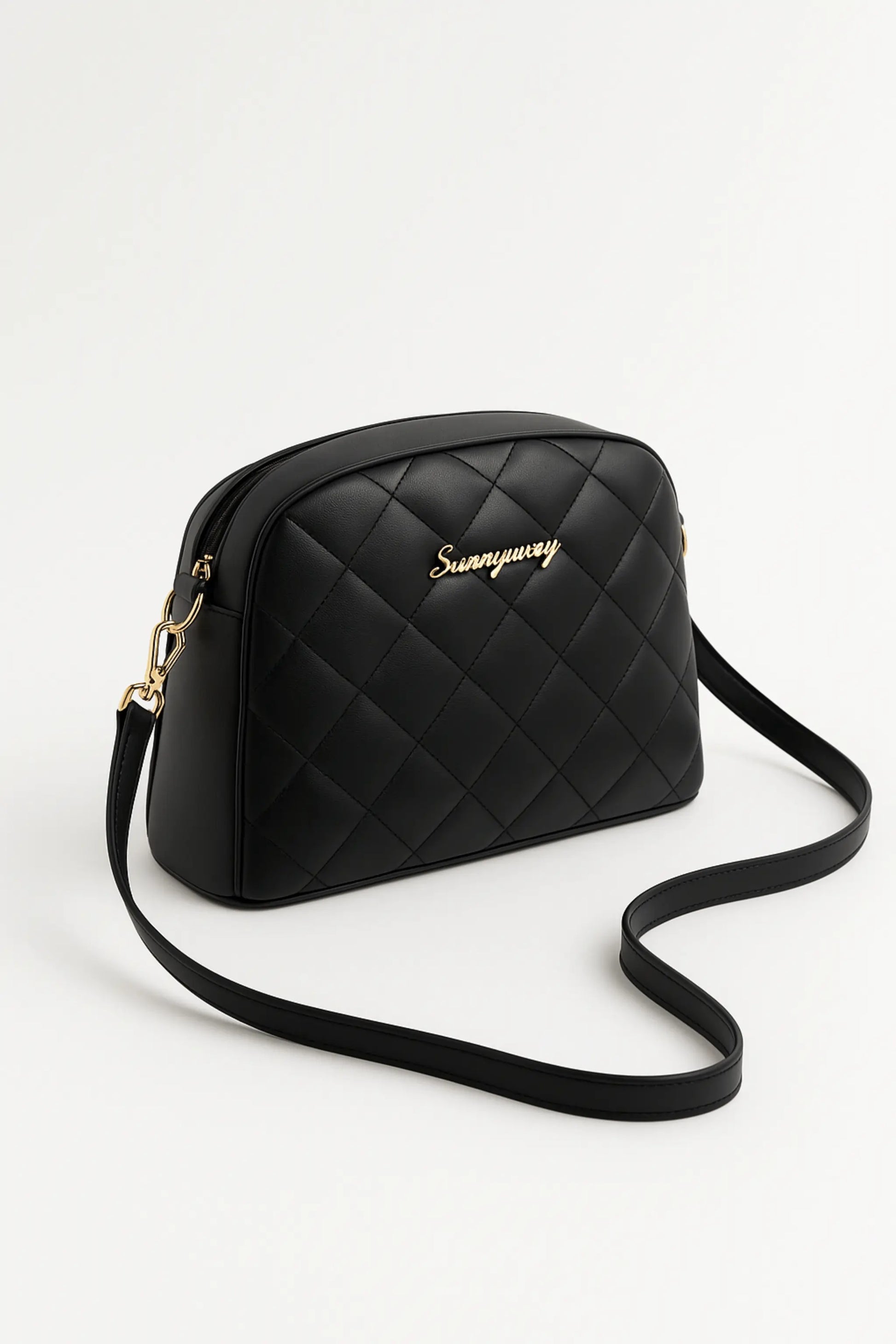 AOI LIBAS black quilted camera bag – front view with gold logo