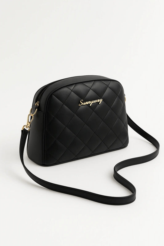 AOI LIBAS black quilted camera bag – front view with gold logo