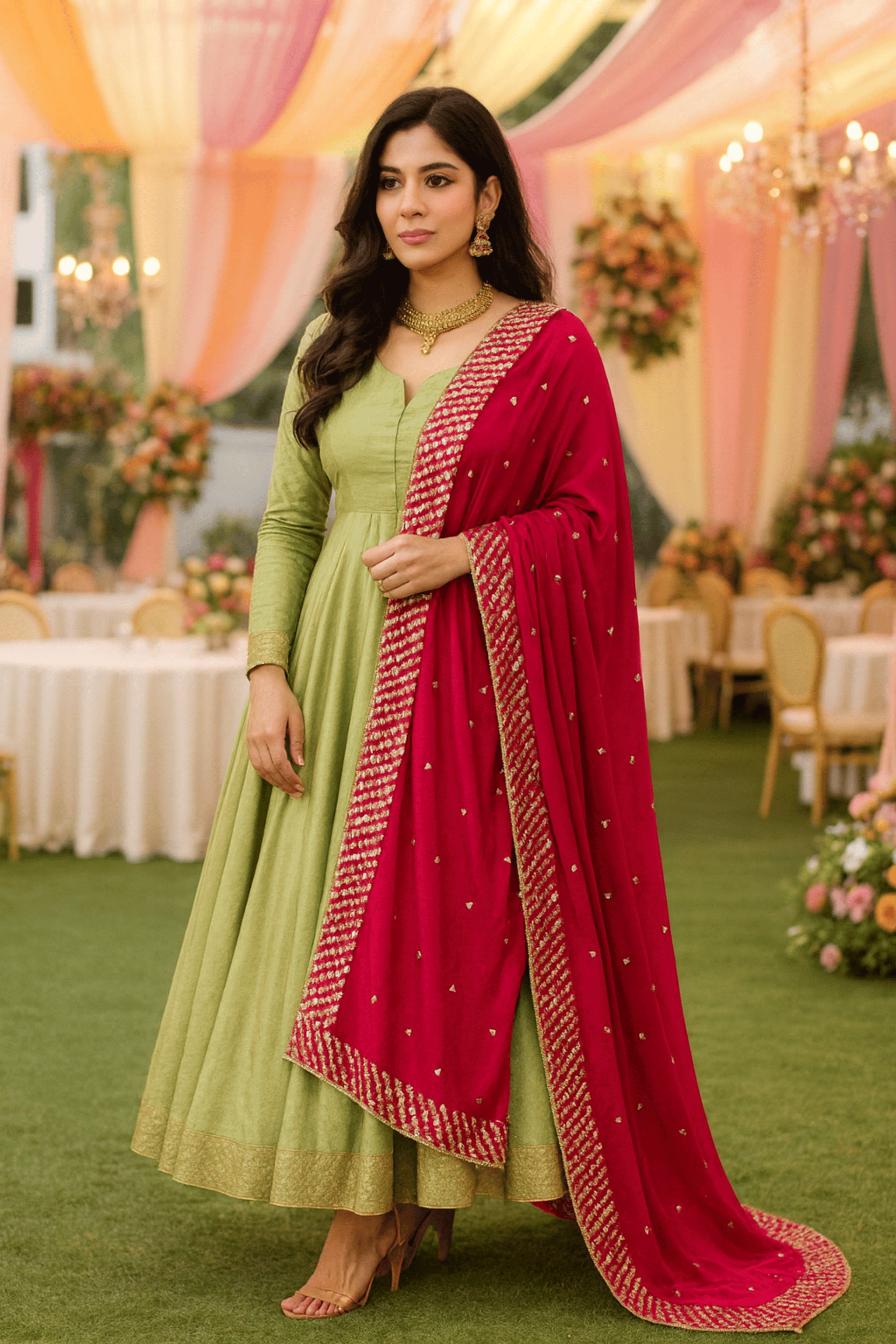 Mehrnaz – red velvet embellished dupatta — front view