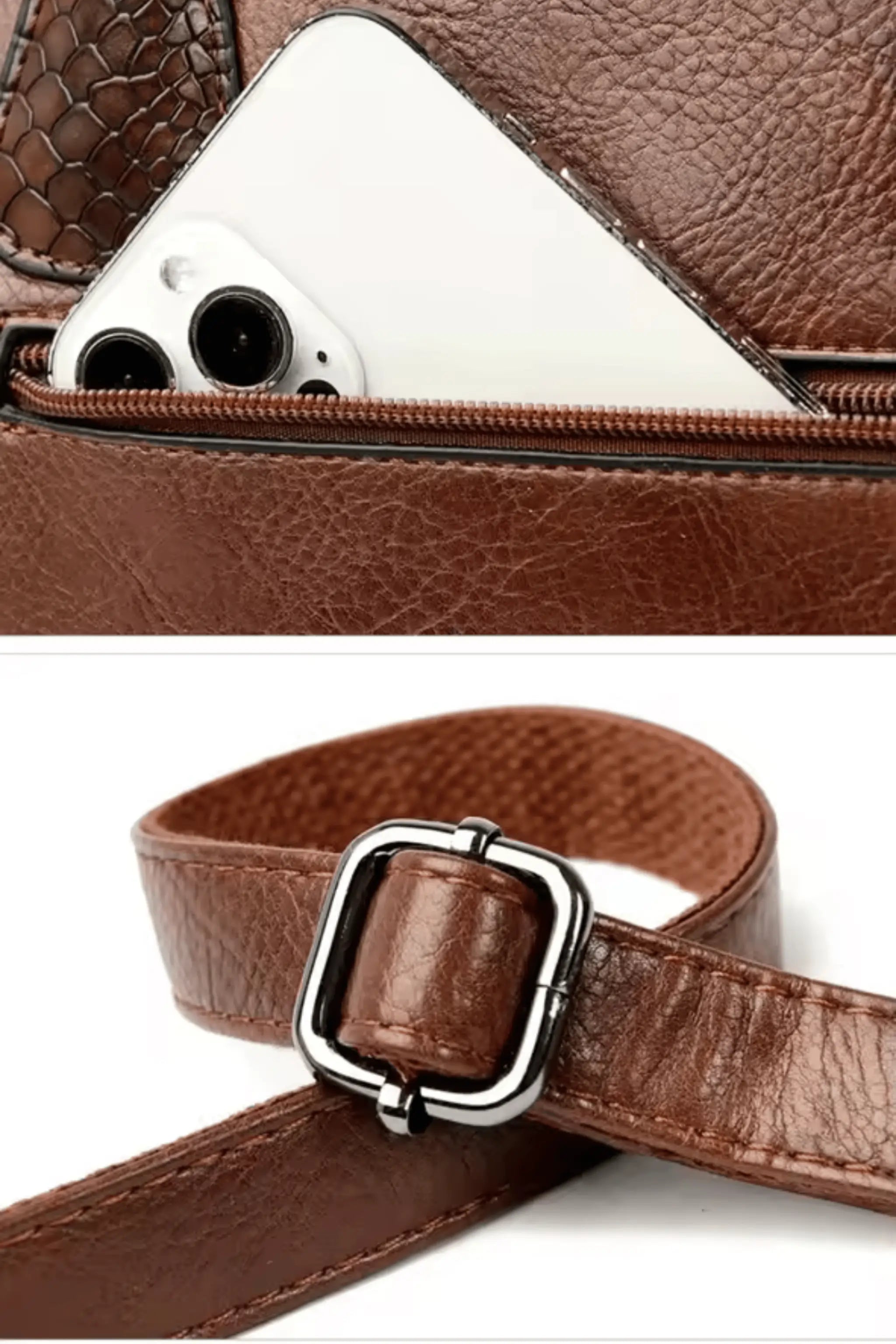 AOI LIBAS brown leather tote handbag – angled side view - with detachable strap