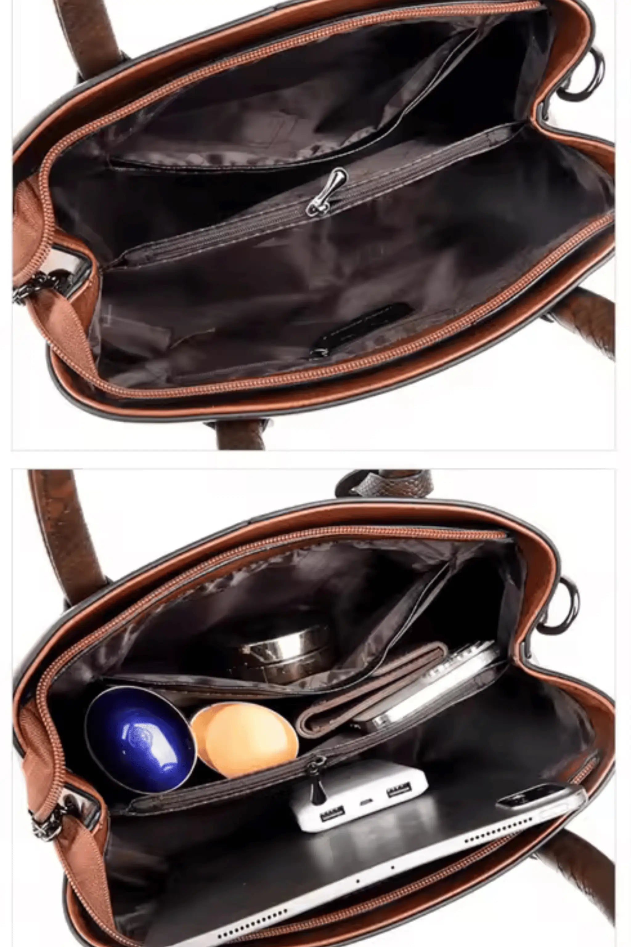 AOI LIBAS brown leather tote handbag – front view with textured handle