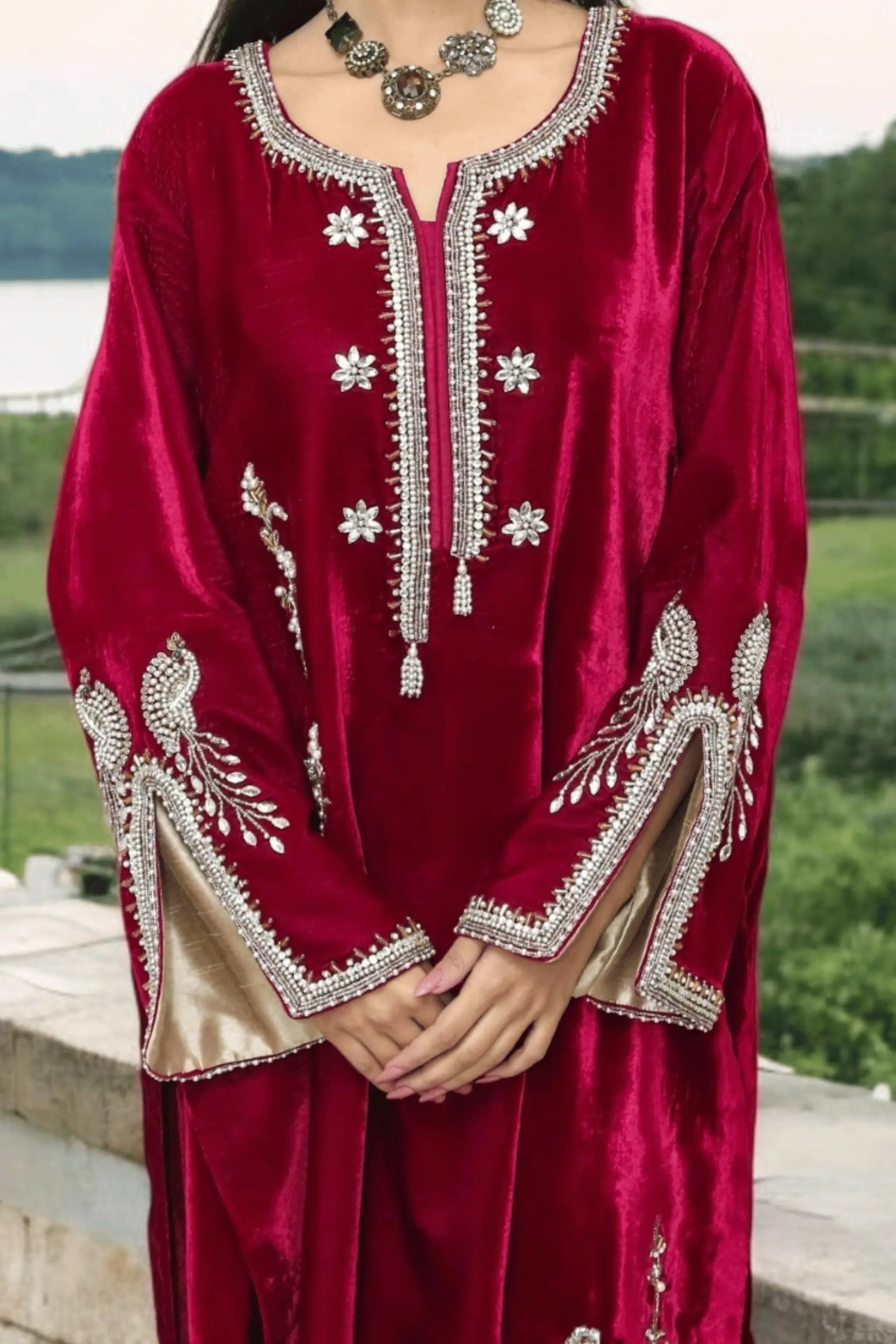 Amira maroon premium velvet embroidered suit front view