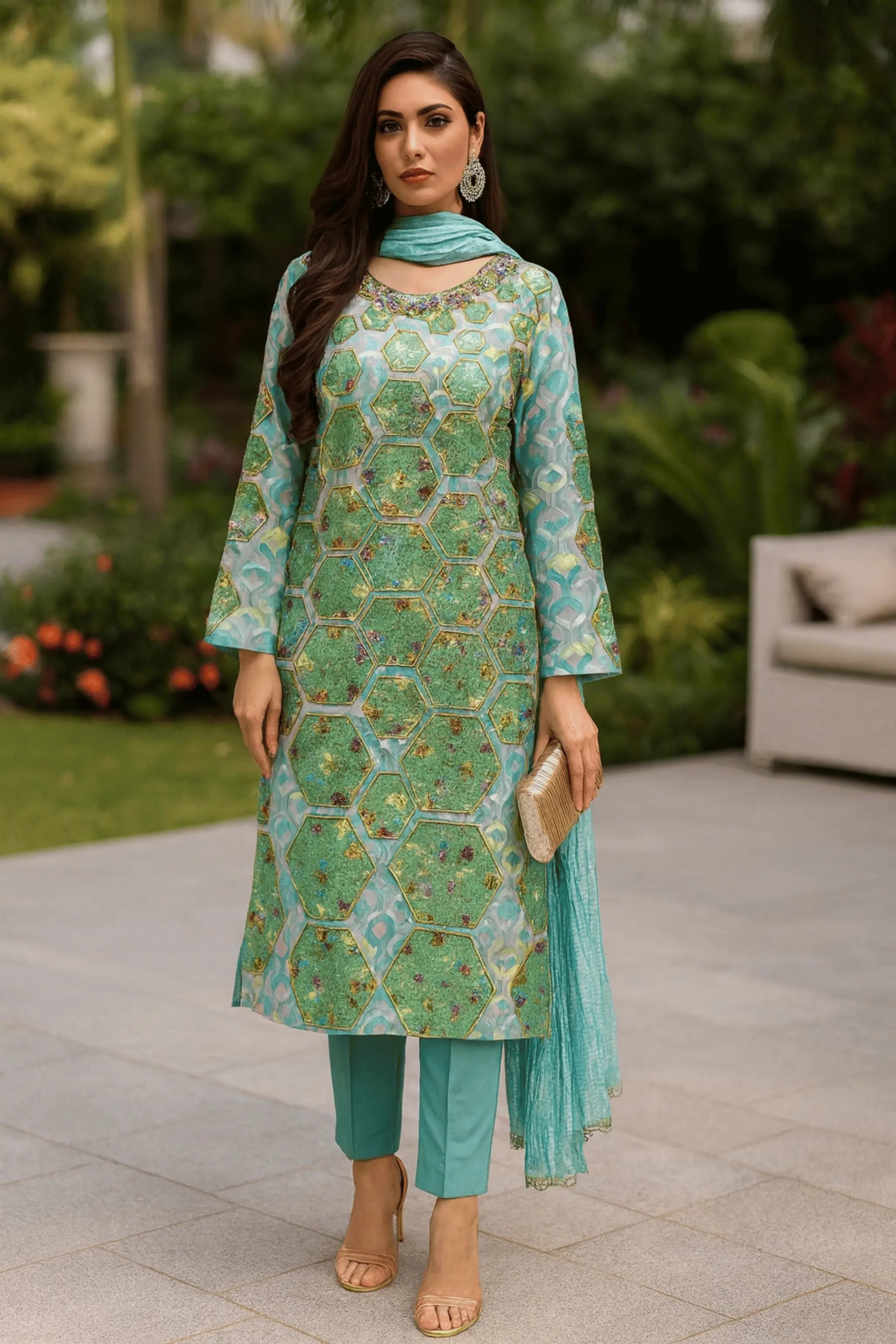 Amulet semi-formal aqua green embroidered net shirt with crush trousers and dupatta"