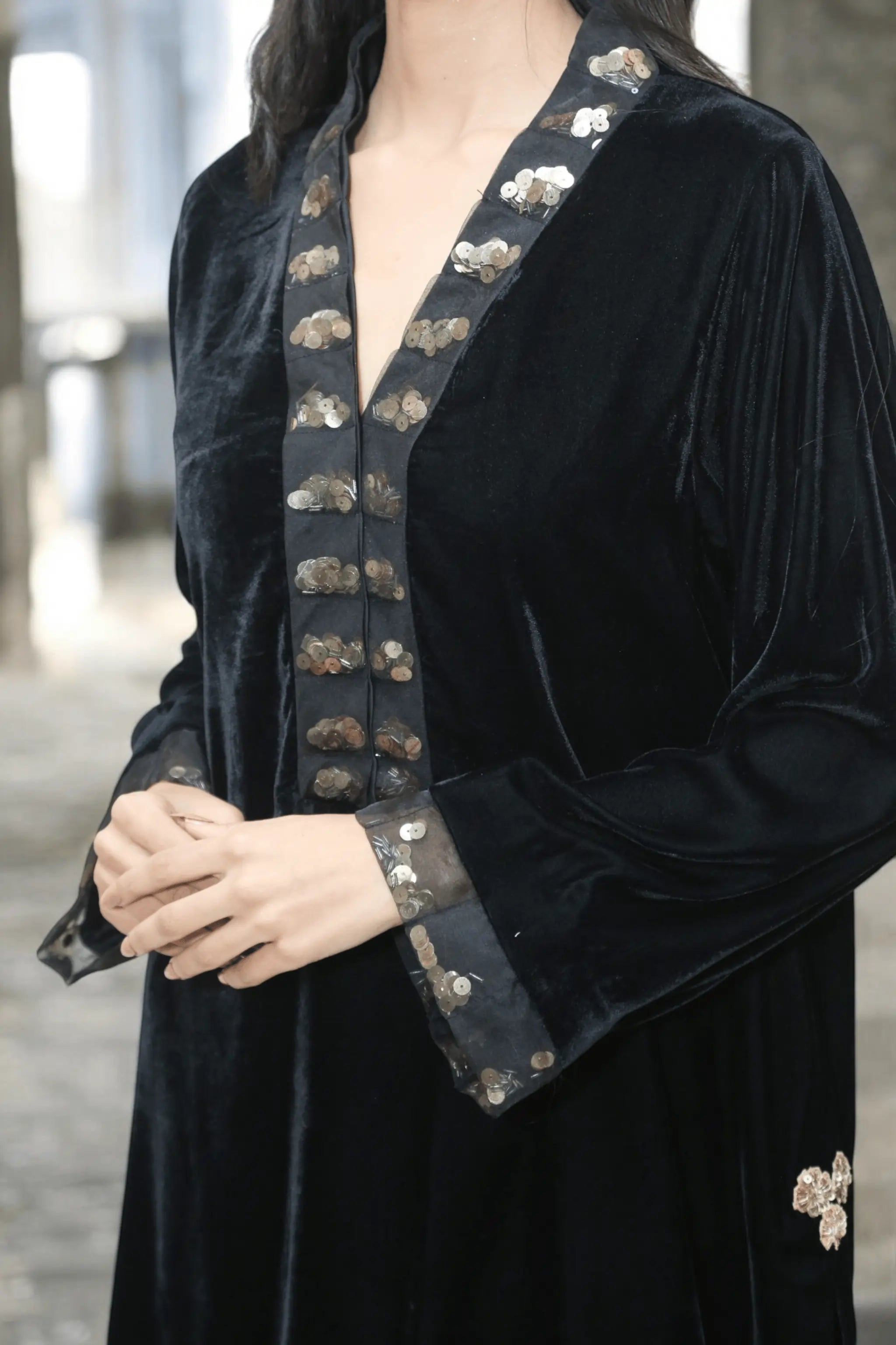 Black Opulence – 2-piece black velvet semi-formal dress with sequin embellished neckline and sleeves