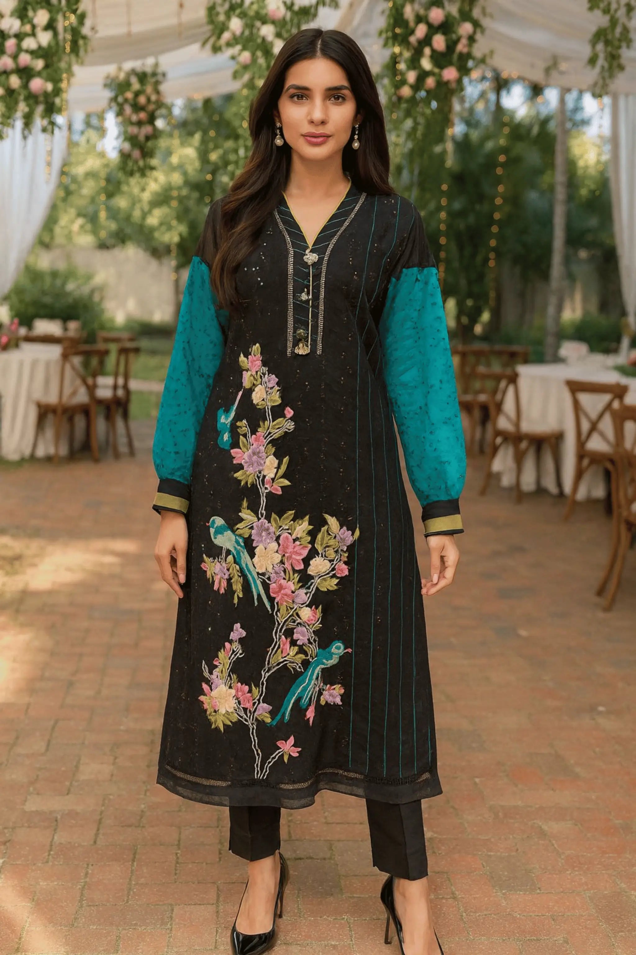 Black & Teal Chickenkari Shirt with floral bird embroidery