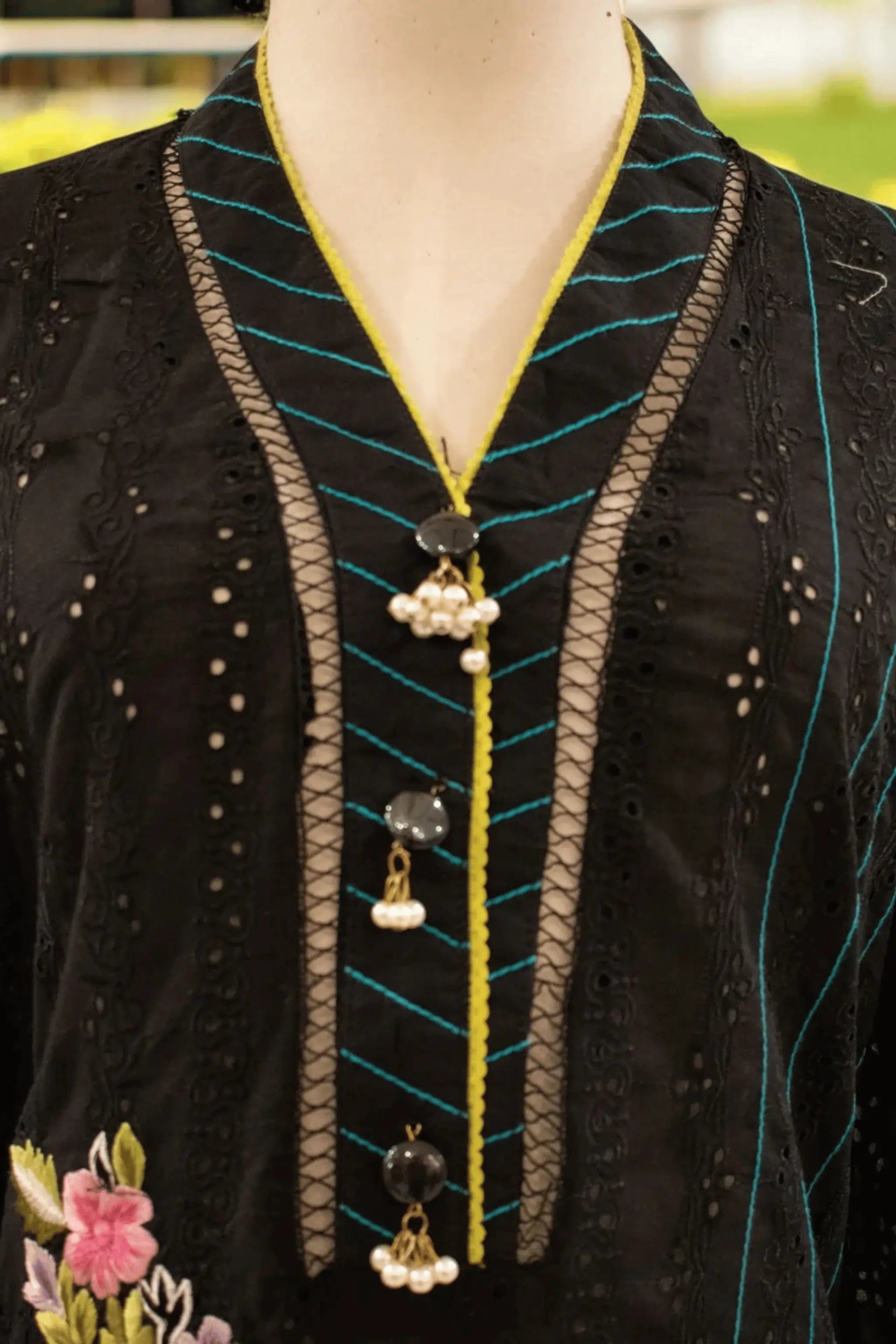 Black & Teal Chickenkari Shirt with floral bird embroidery