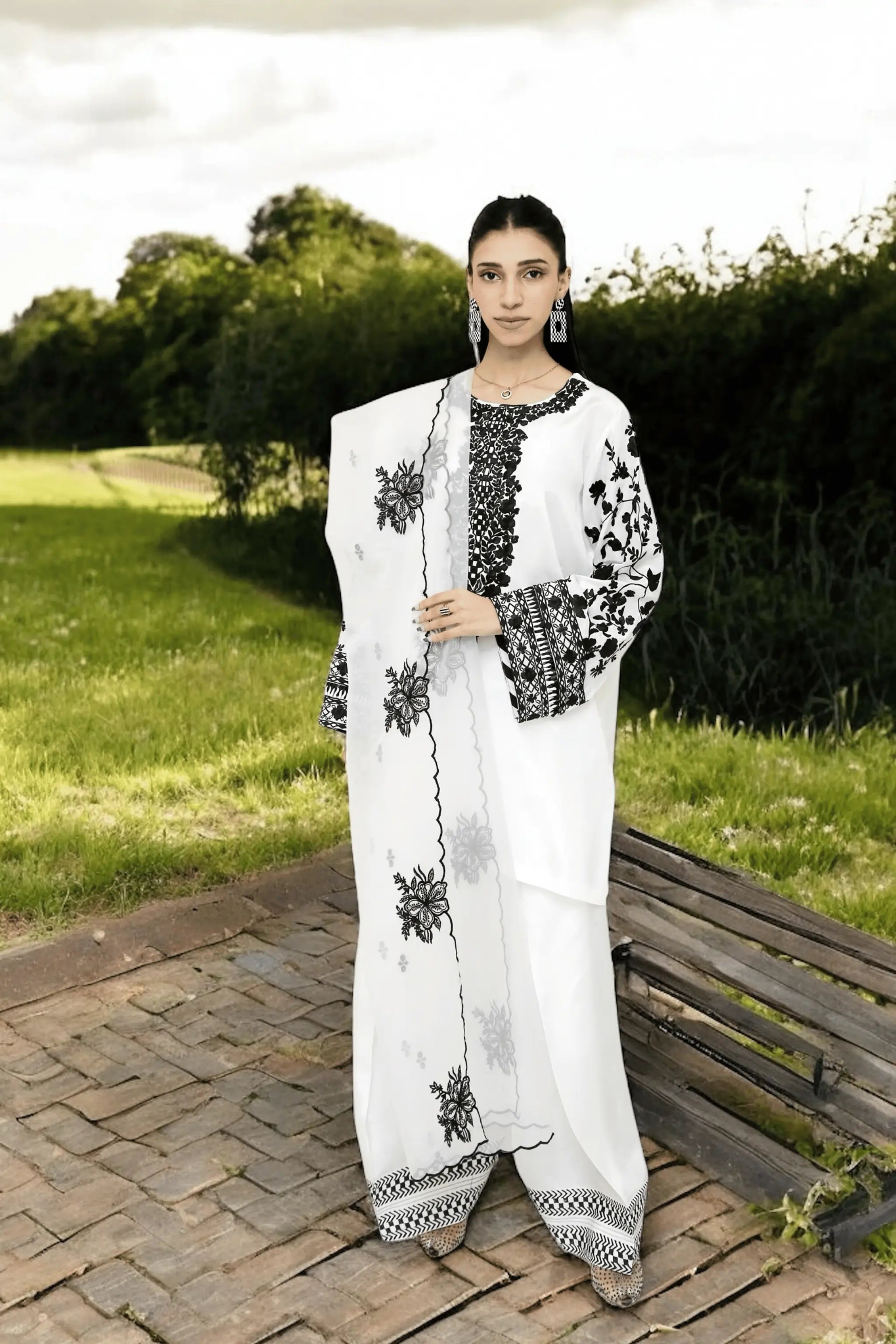Black & white 3-piece embroidered dress for festive occasions – AOI LIBAS