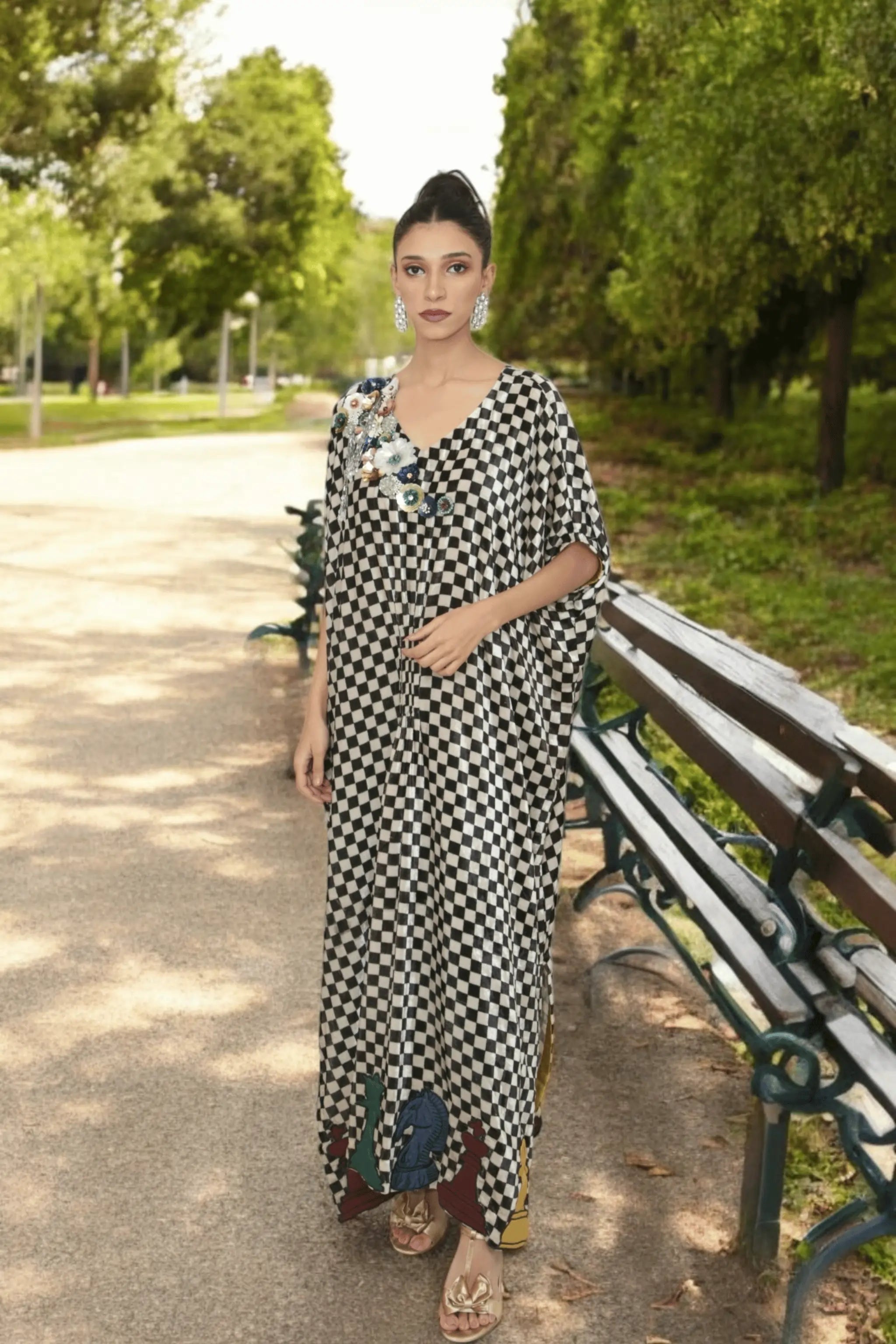 Black & white checkered velvet kaftan with embellished neckline