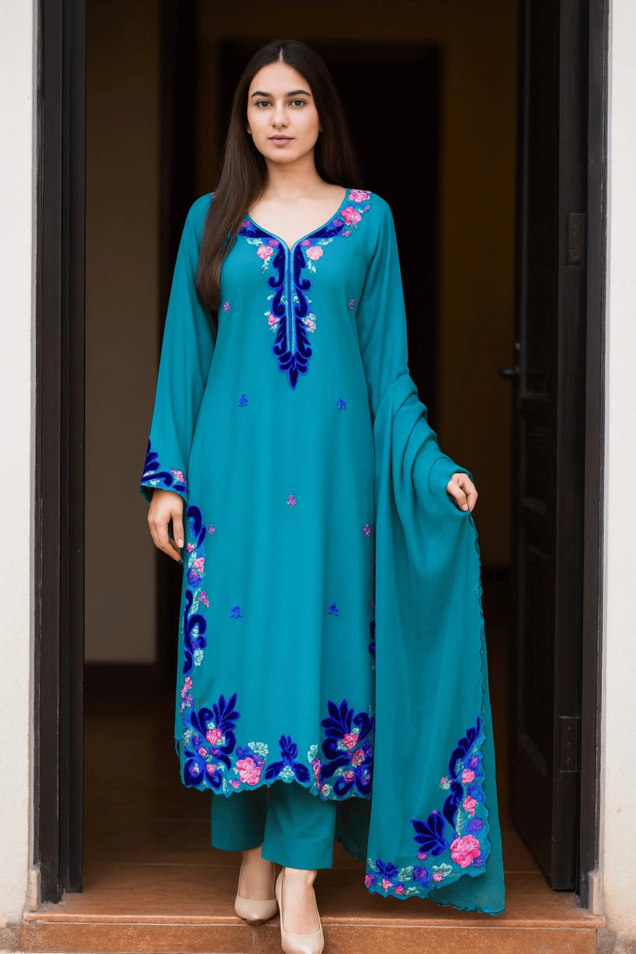 Blue Sky 3 piece marina suit with velvet applique and machine embroidery – front view