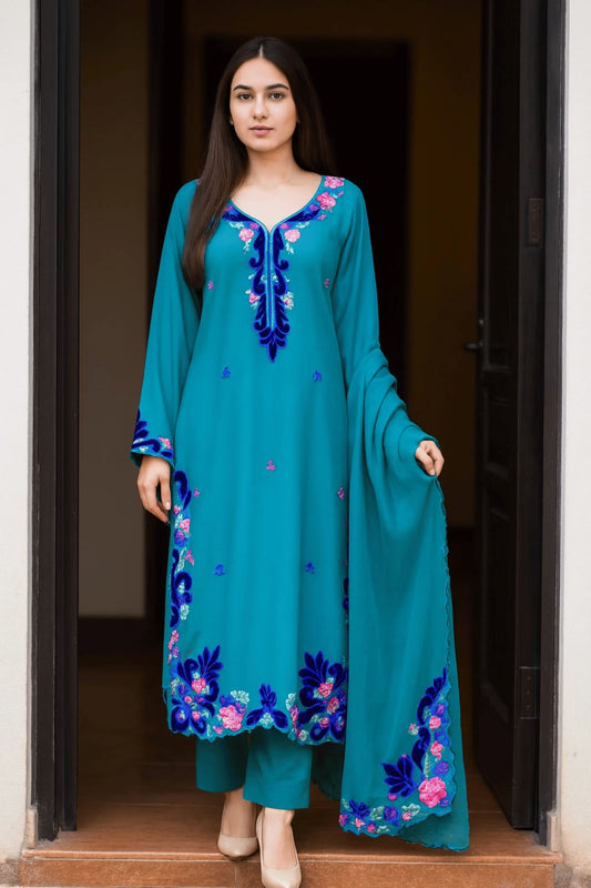 Blue Sky 3 piece marina suit with velvet applique and machine embroidery – front view