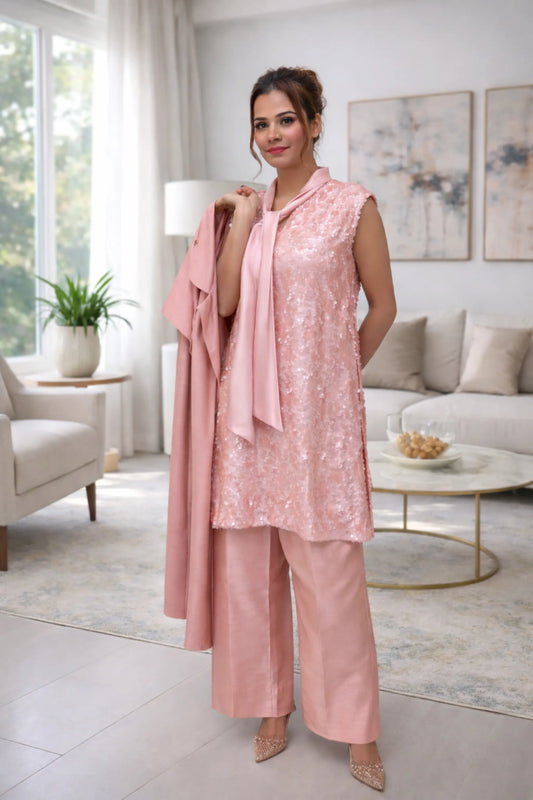 Blush Aura 3 piece trench co ord set front view