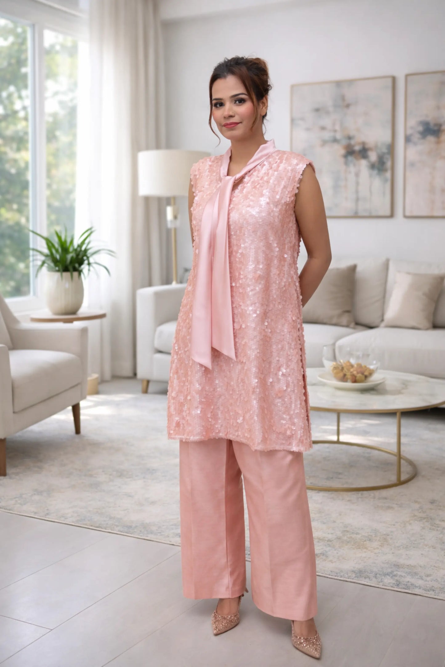 Blush Aura long trench coat layered styling