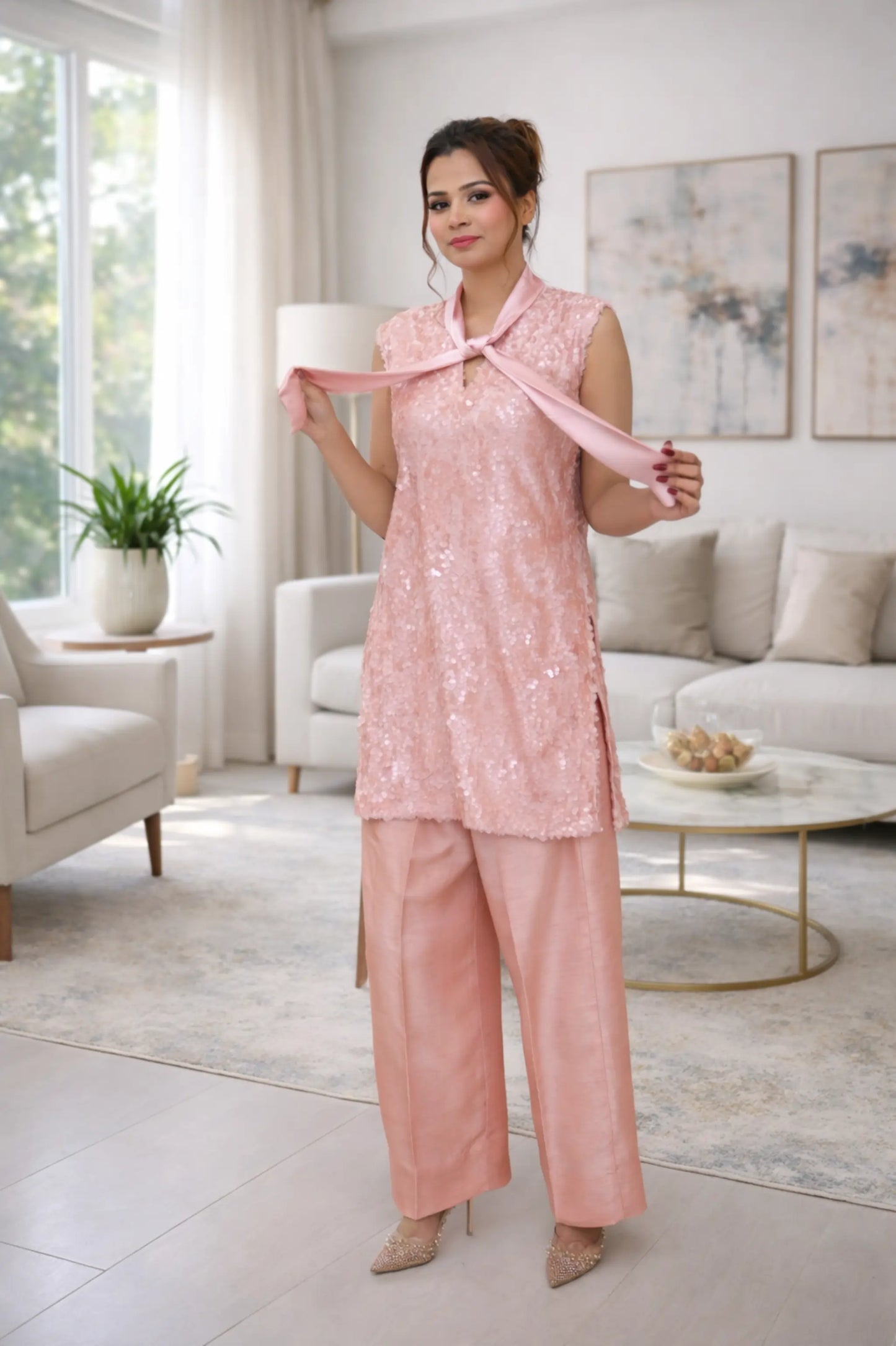 Blush Aura side profile trench coat length