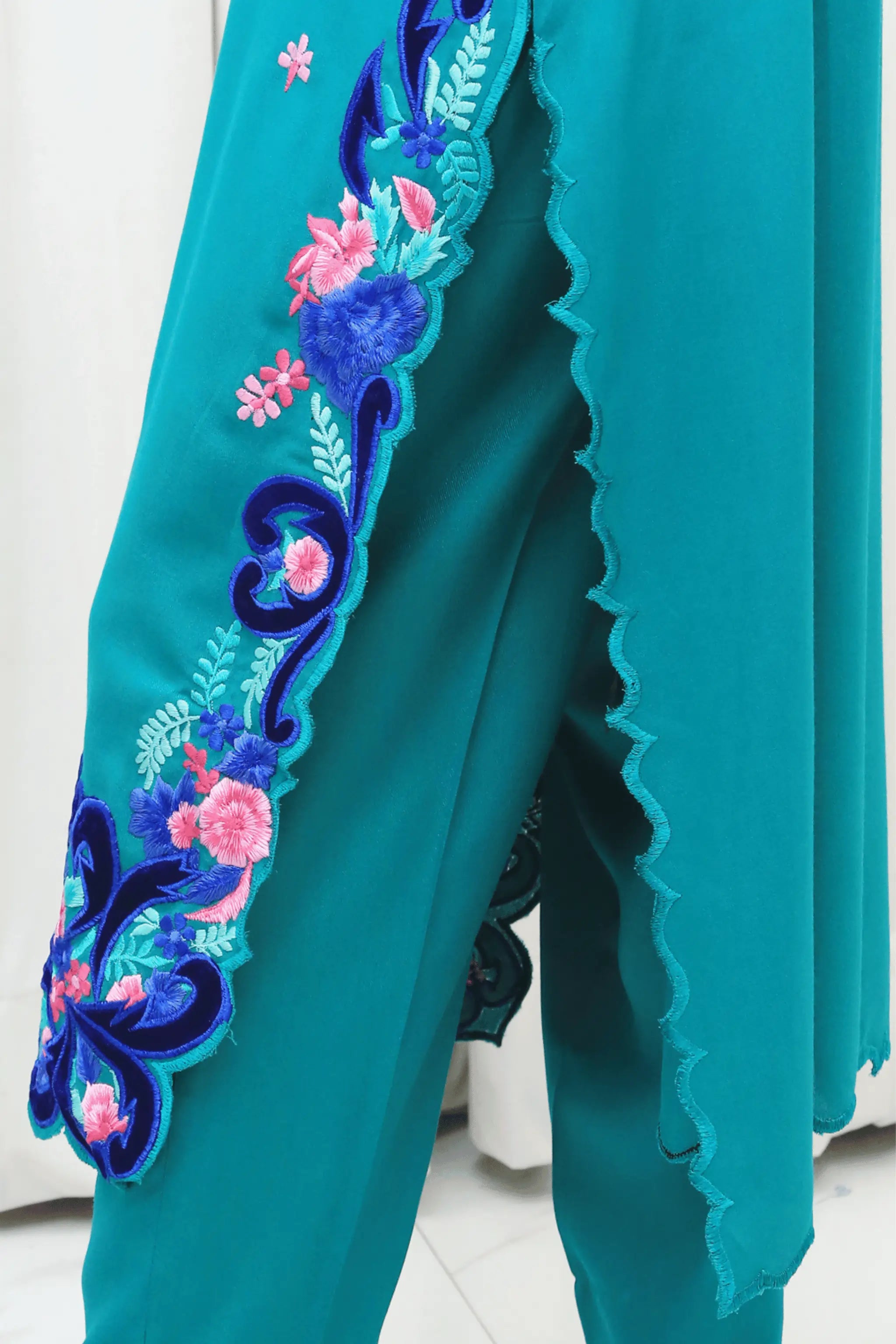 Border embroidery with machine work and velvet applique – Blue Sky suit