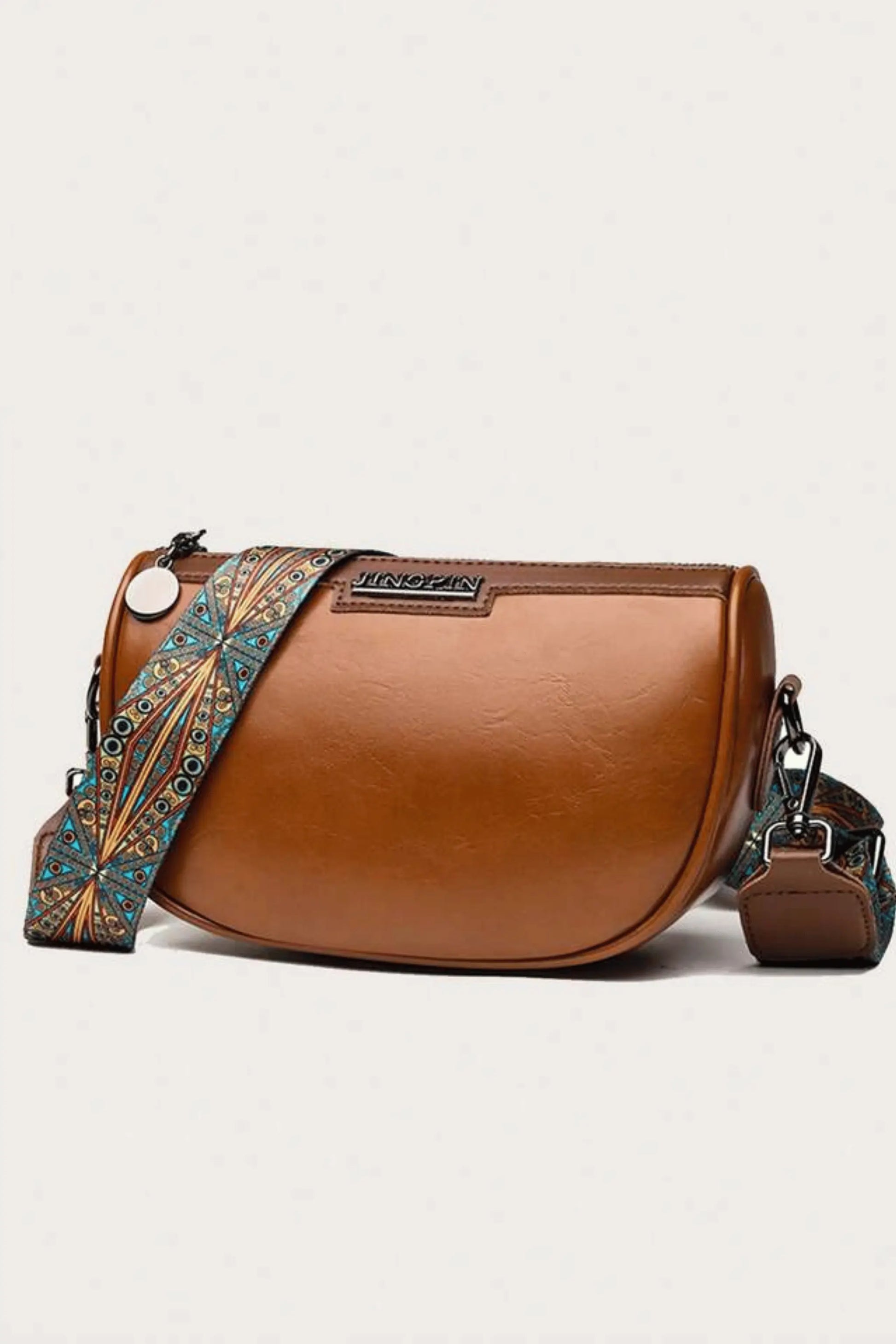 Brown crescent shoulder bag, PU leather crossbody with patterned strap, women’s casual handbag
