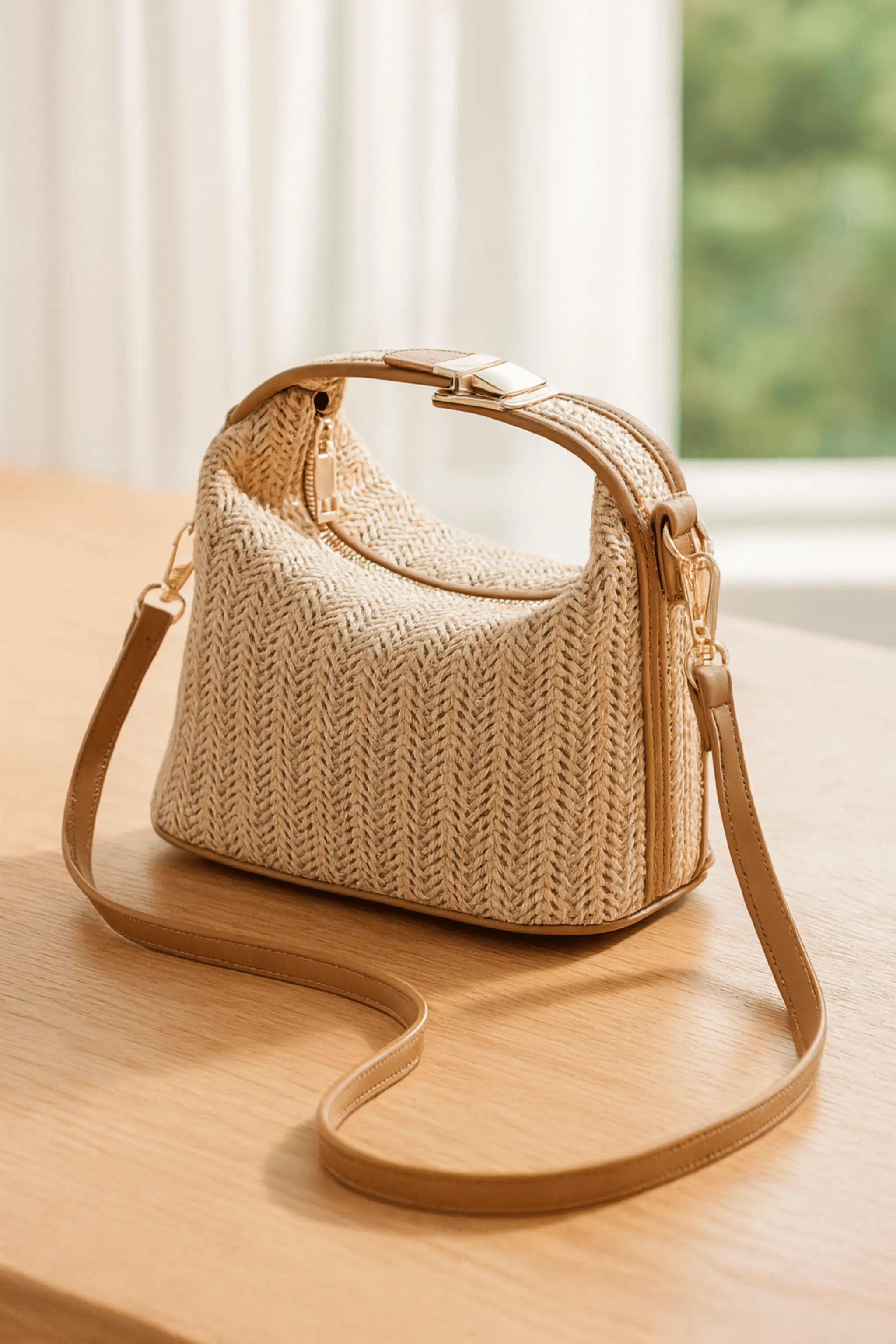 Beige woven shoulder bag, casual crossbody with PU leather strap